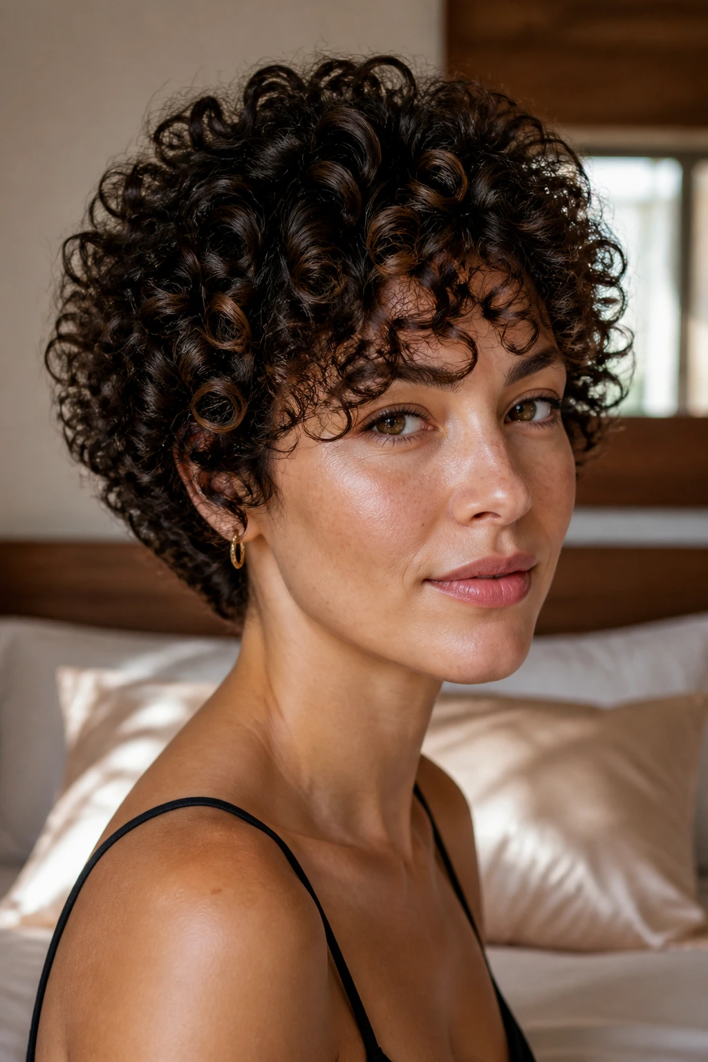 Close-up of a woman with well-defined curly hair showing balanced crown shape in a cozy bedroom.
