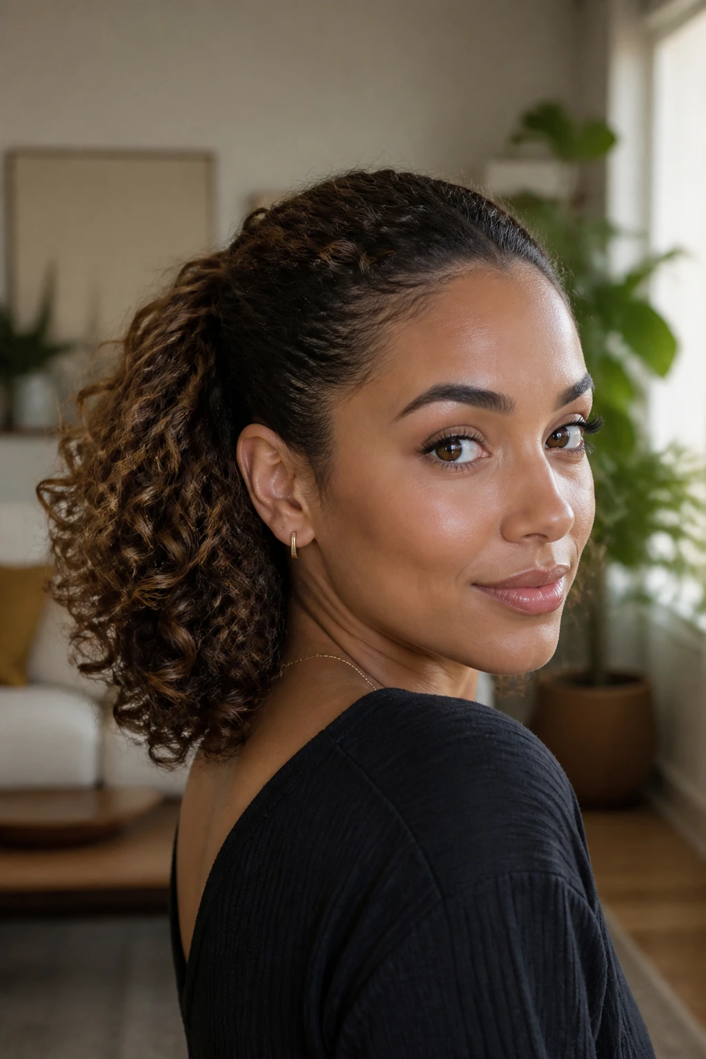 Close-up of a real woman with sleek front sections and full curly ends, showing contrast between smooth front and voluminous back curls