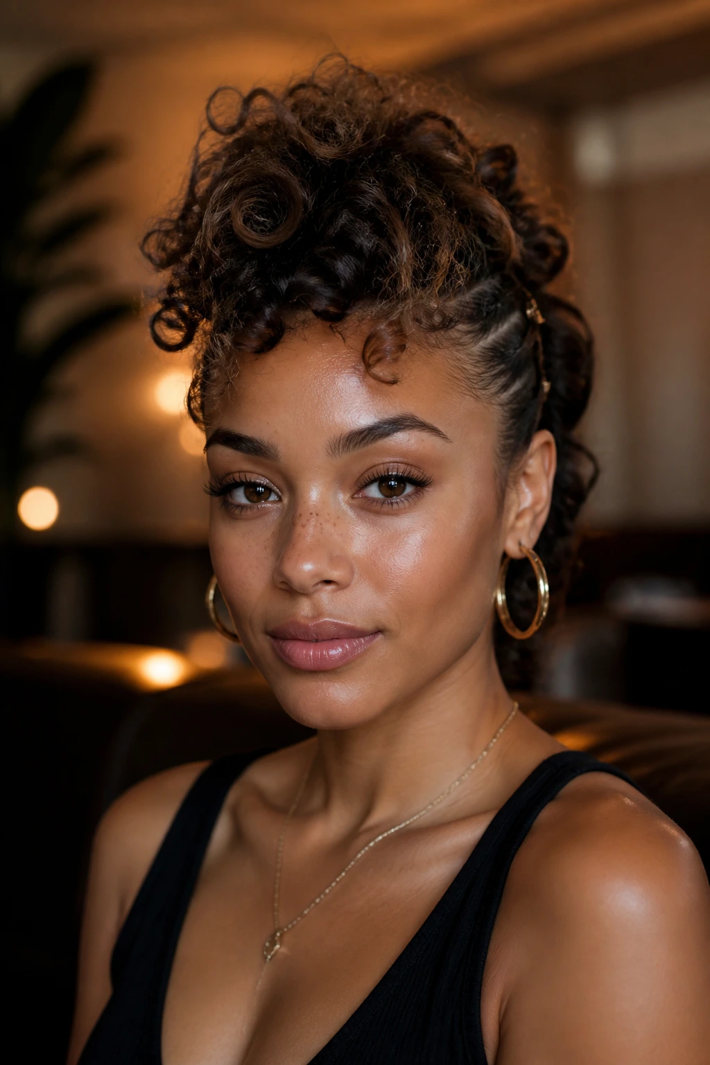 Close-up of a real person with a soft curly mohawk, sides pinned back and curls forming a center ridge