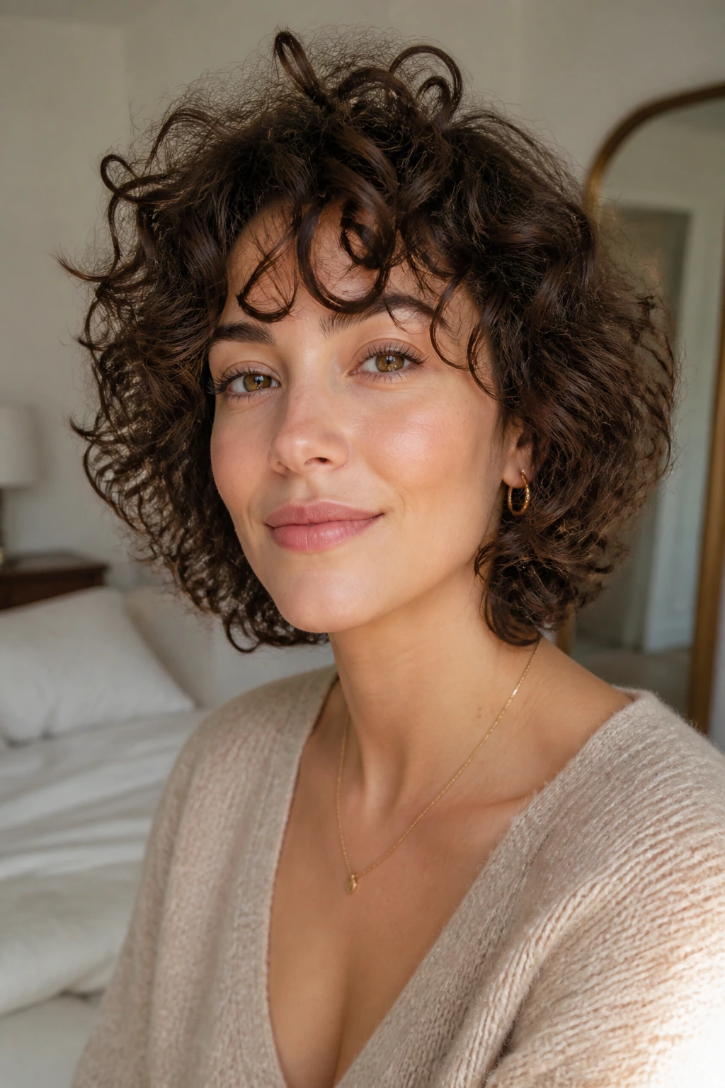 Close-up of a real woman with curly hair, morning-ready curls in natural light