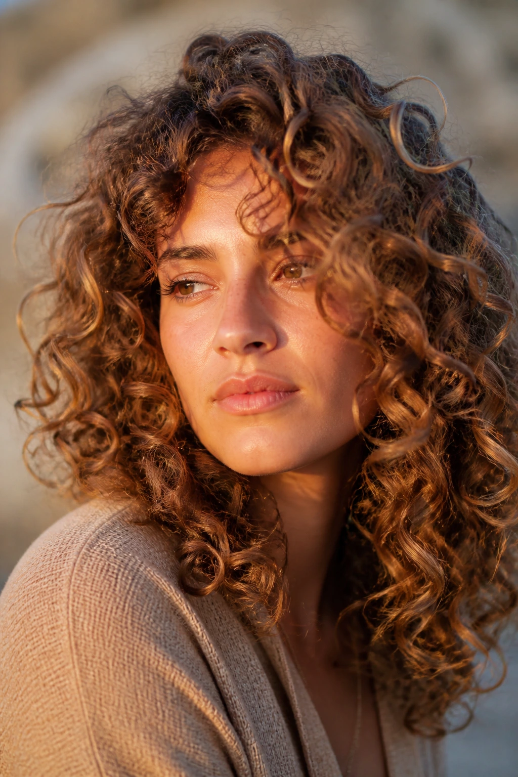 Close-up of lively curly hair outdoors in breeze during golden hour
