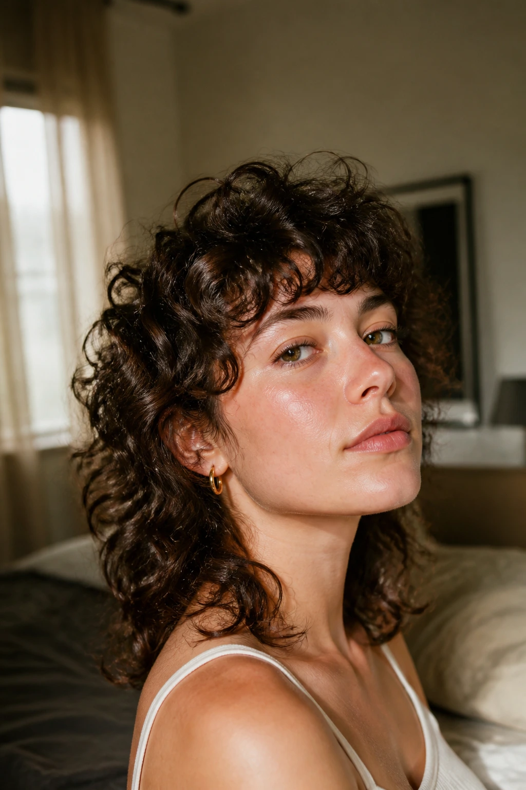 Close-up portrait of a real woman with Curly Mullet Lite hairstyle in a cozy bedroom with natural light
