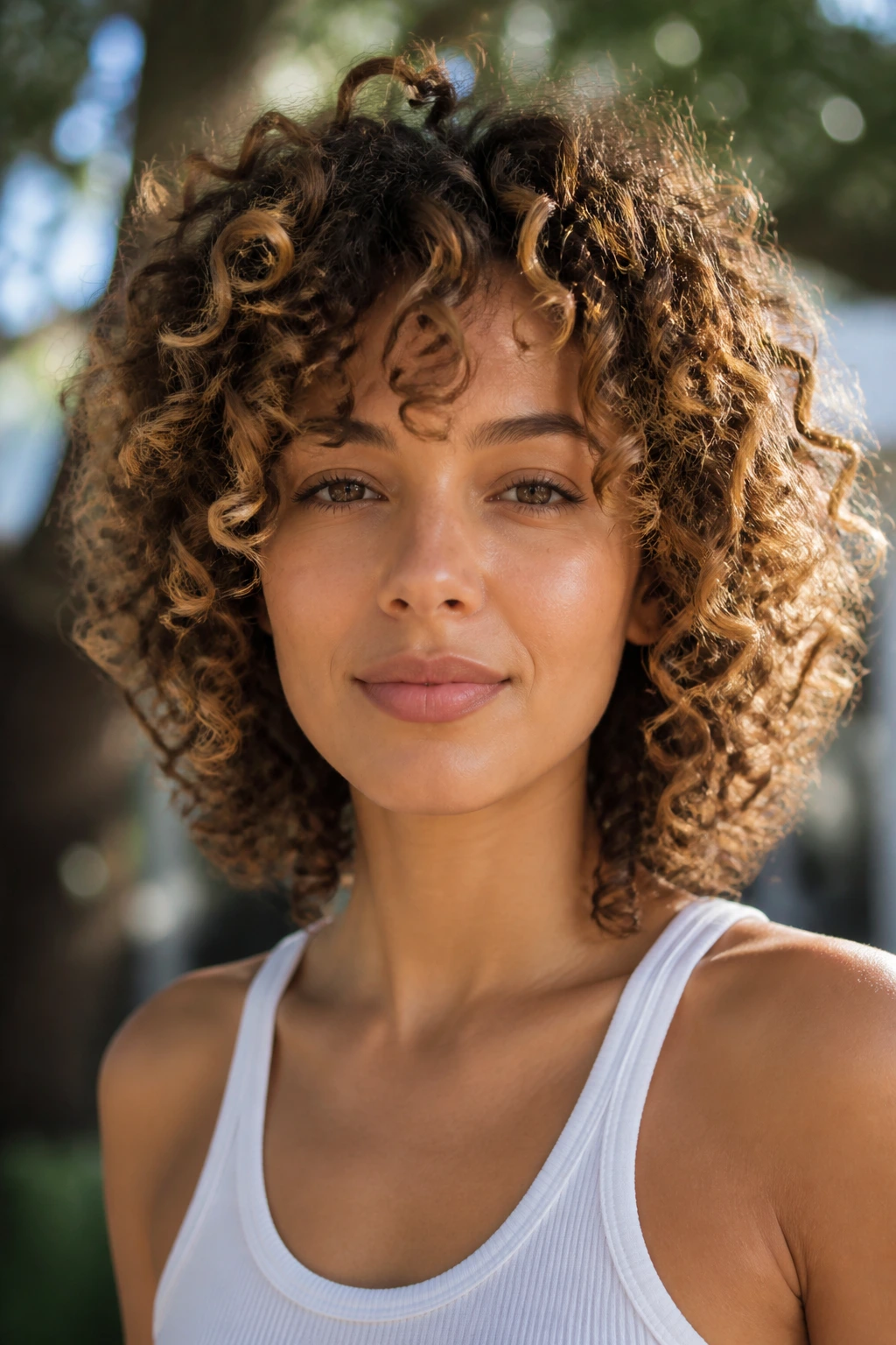 Real woman with curly hair showing movement and a natural silhouette outdoors