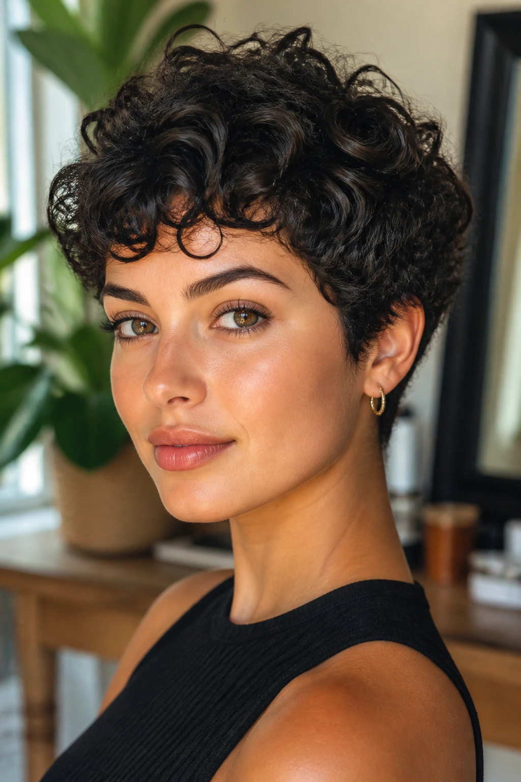 Close-up portrait of a real woman with curly pixie cut on oval face, natural window light