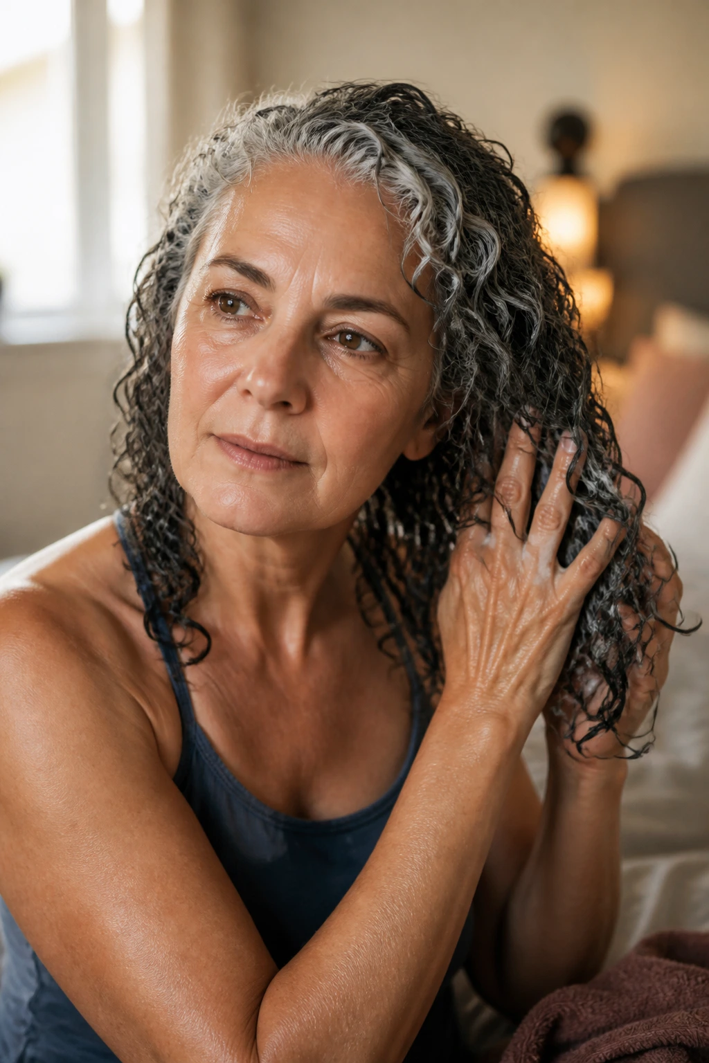 Close-up portrait of a real woman with curly hair applying product during morning styling