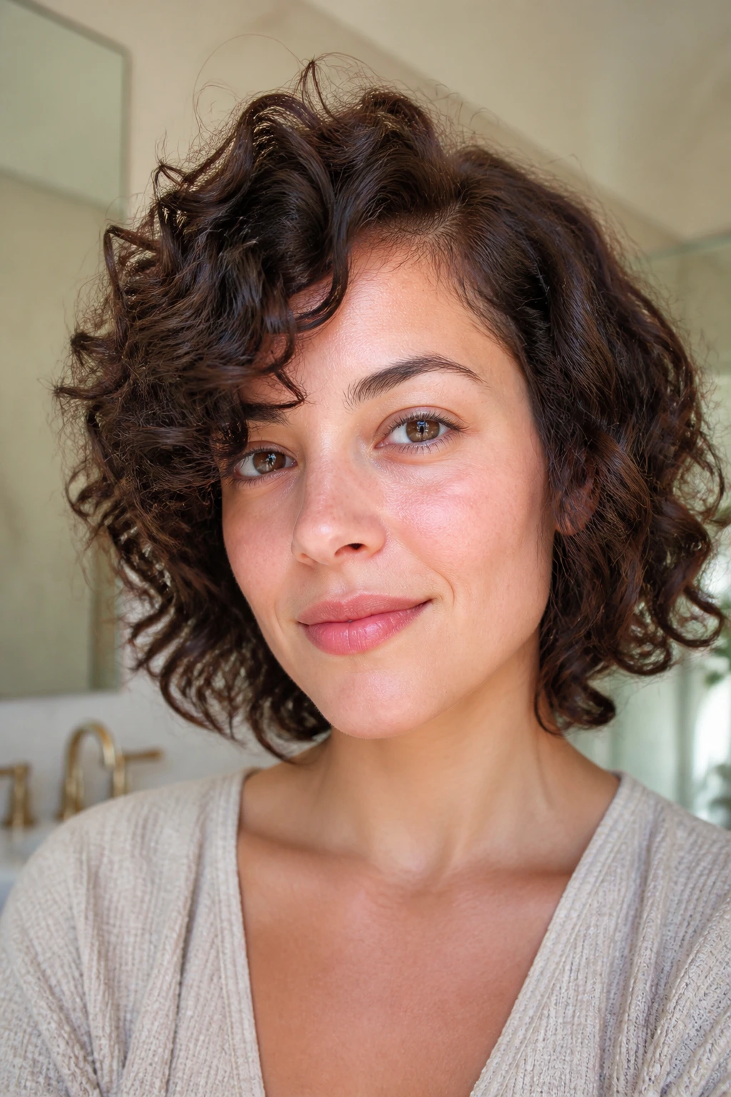 Close-up of curly-haired person showing an off-center part to ease a bad cut