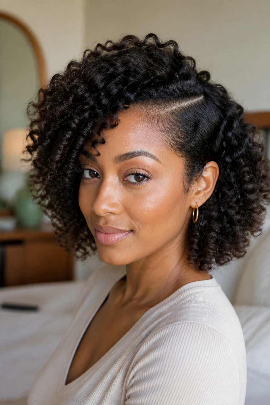 Portrait of a real woman with a deep side part and curled front pieces sitting away from the cheeks