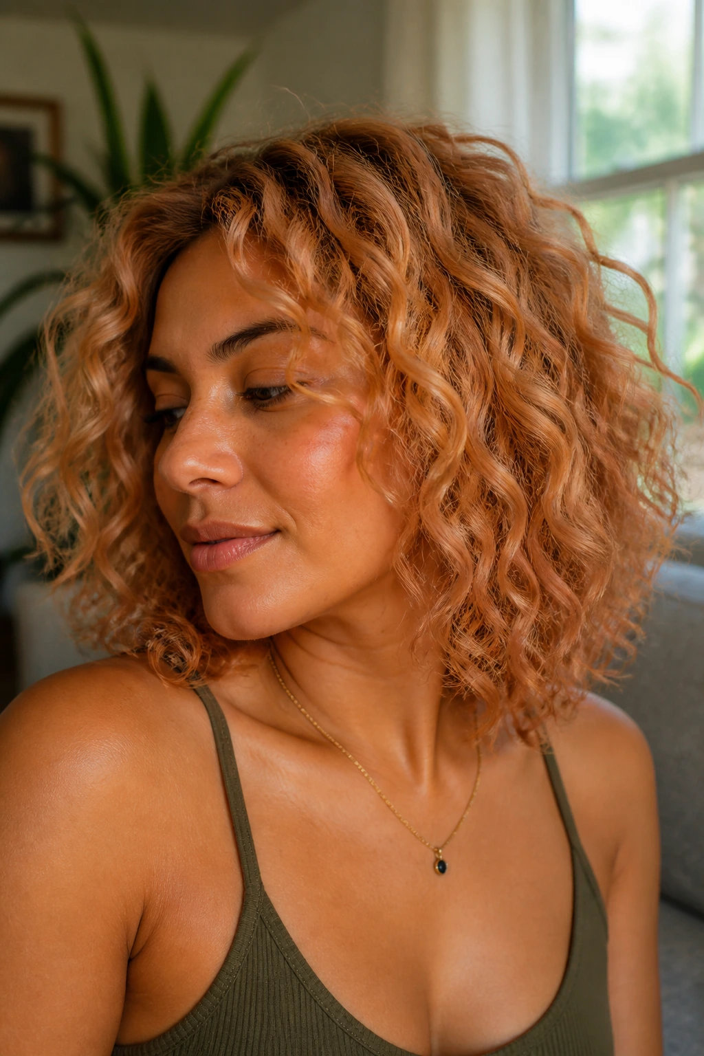 Close-up of curly shoulder-length strawberry-blonde hair with peach undertones on a real woman