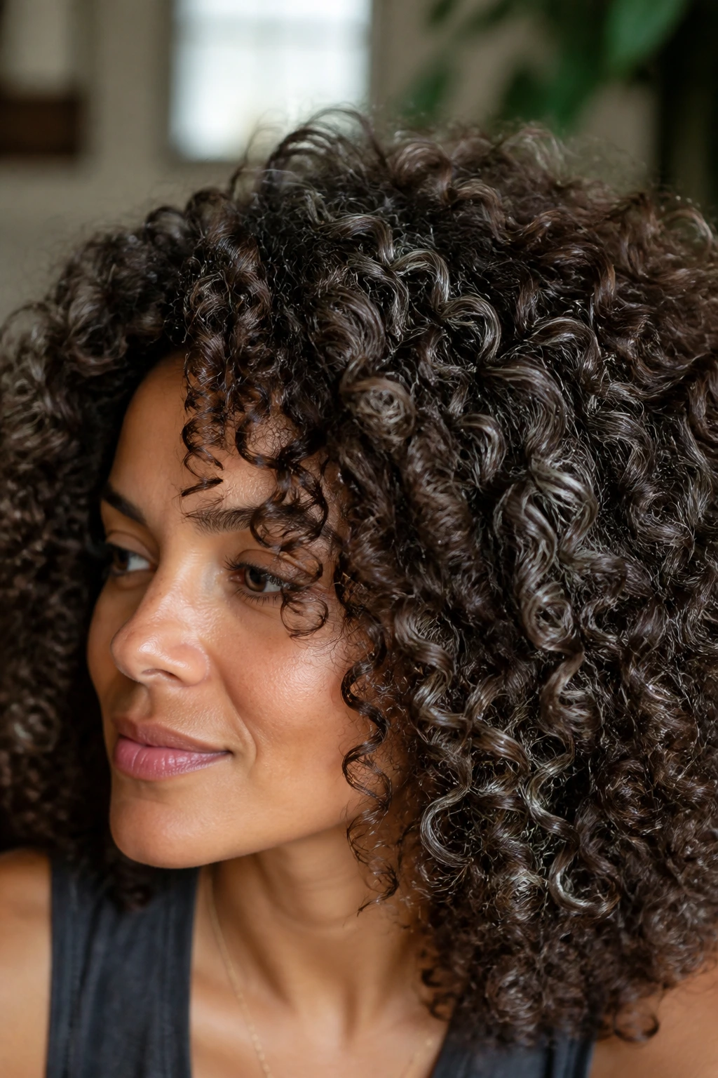 Close-up of a real person with curly chocolate hair and pewter ribbons