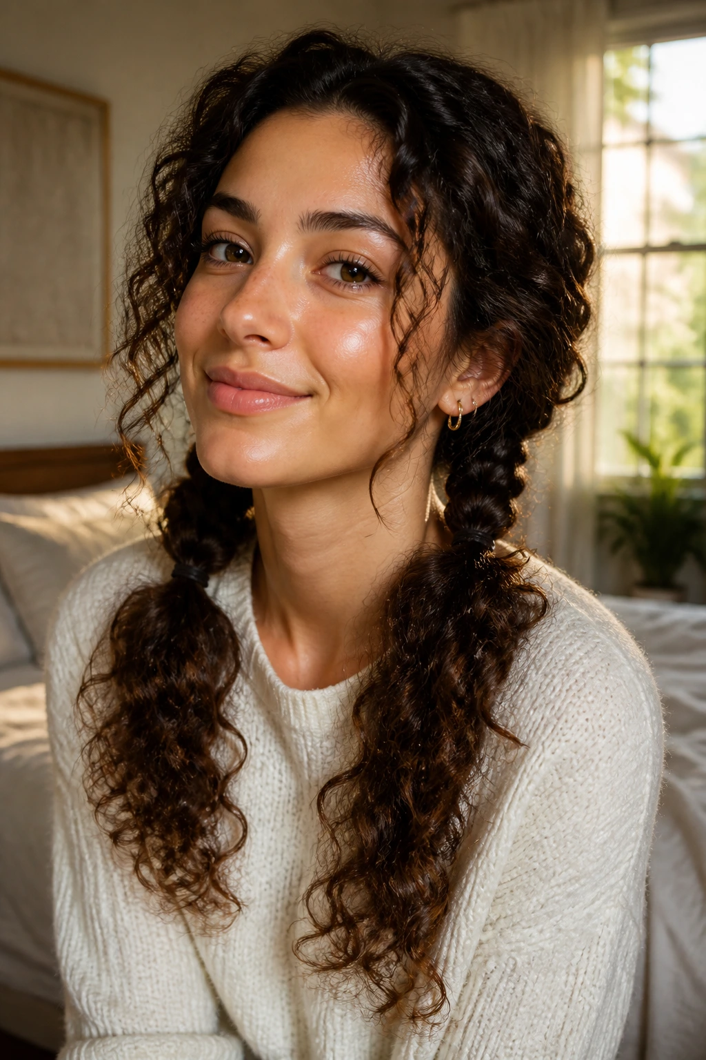 Close-up of a real woman with long curly hair in two loose pigtails behind the ears