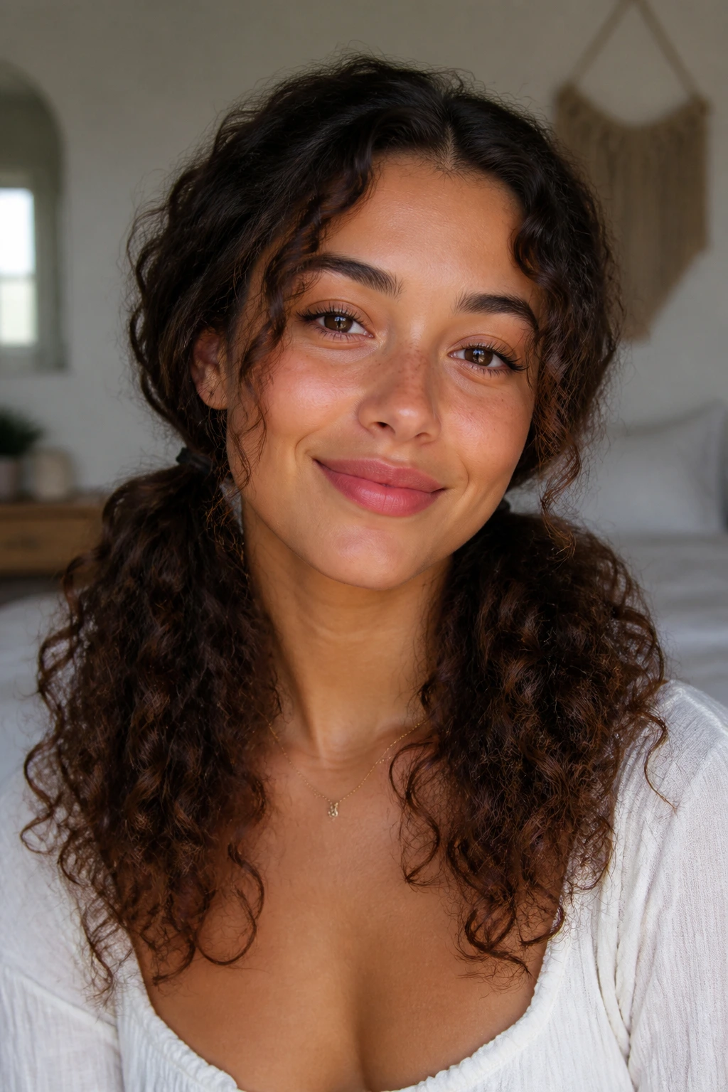 Close-up portrait of a real woman with curly pigtails in a middle part