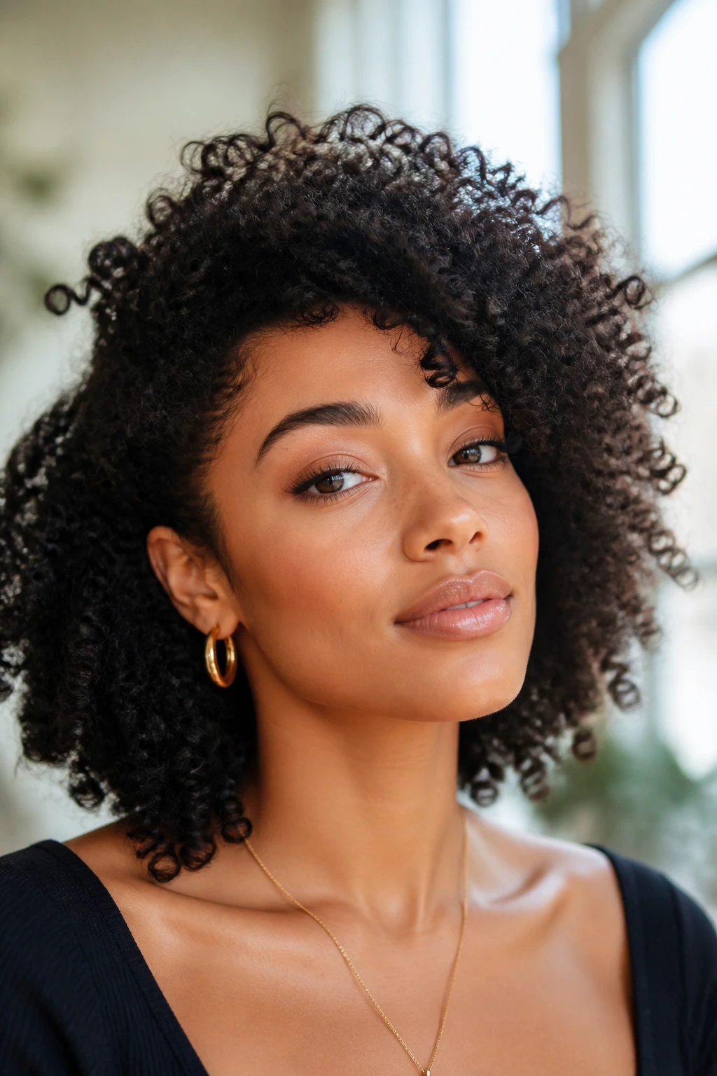 Portrait of real woman with voluminous curls away from cheeks