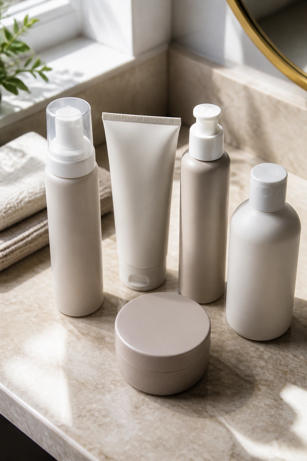 Unlabeled hair products arranged on a bathroom counter in a flat lay.