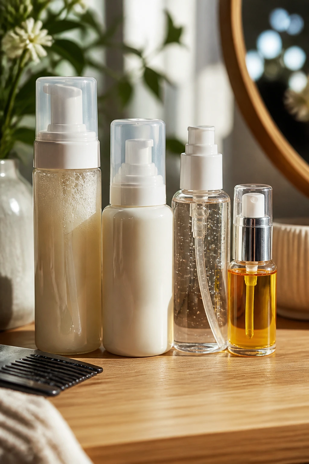 Close-up of unlabeled curly hair product bottles on a wooden vanity