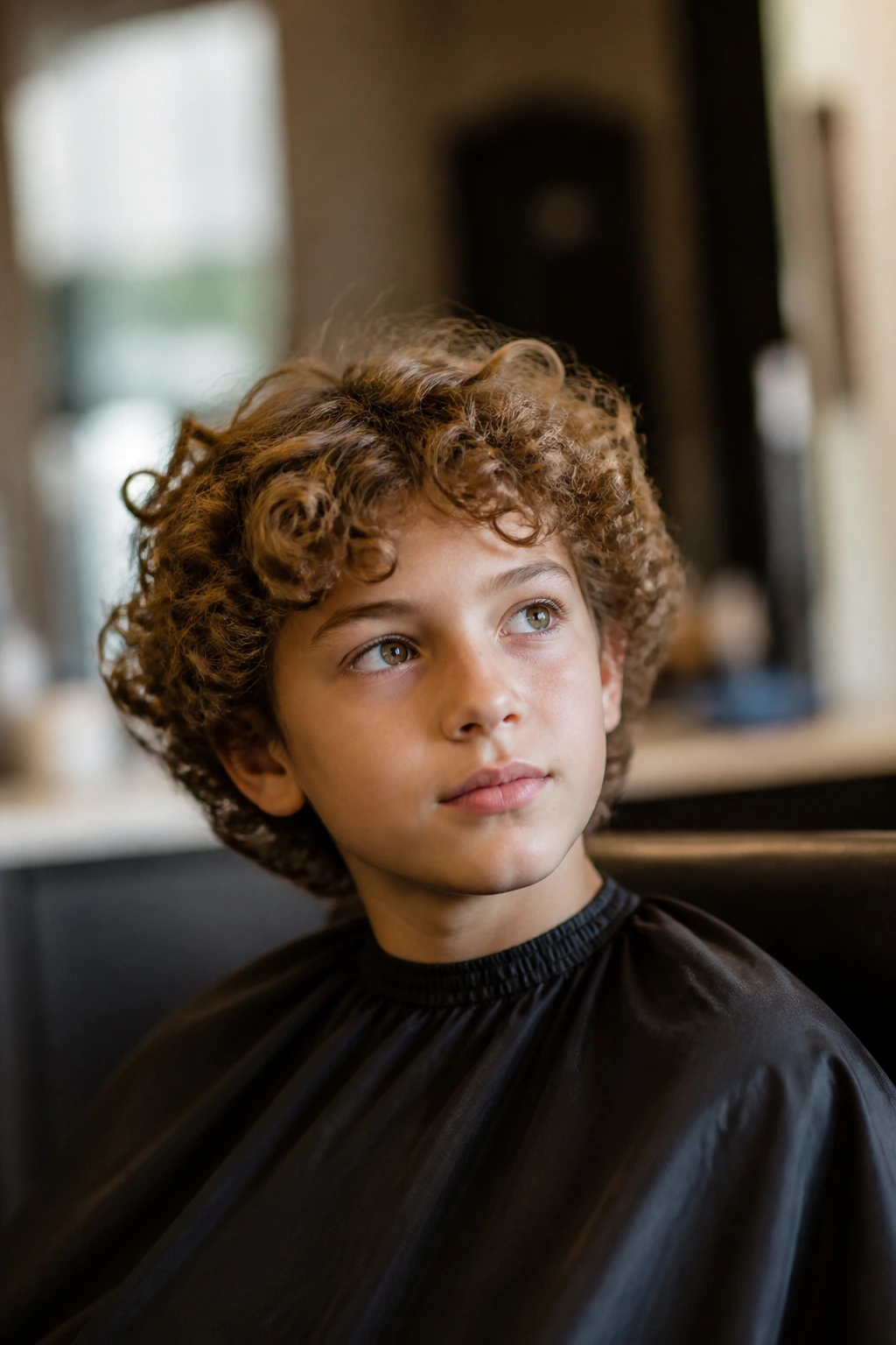 Boy in barber chair thinking about haircut questions