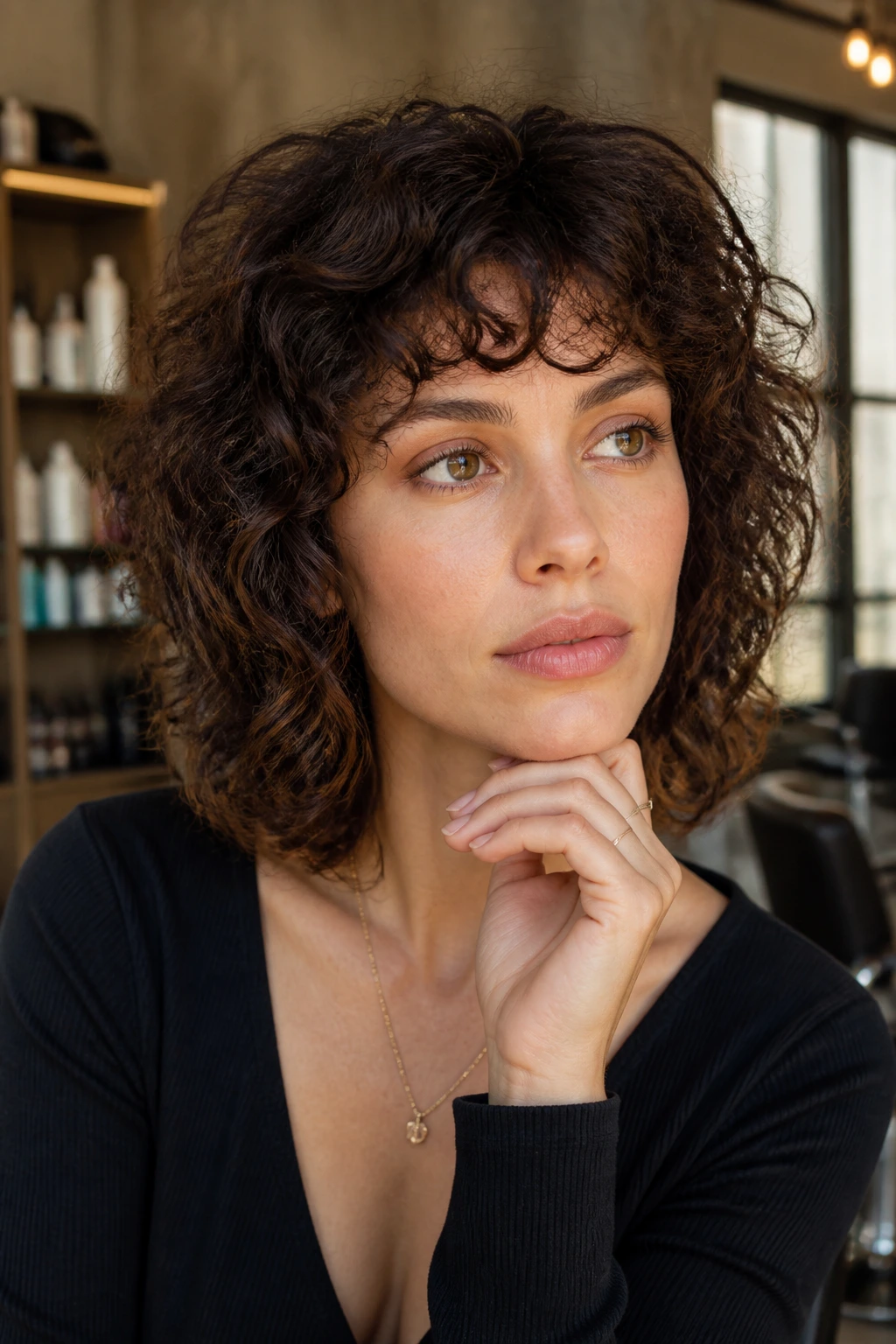 Close-up portrait of a real woman with curly hair in a salon considering hairstyle options for a heart-shaped face