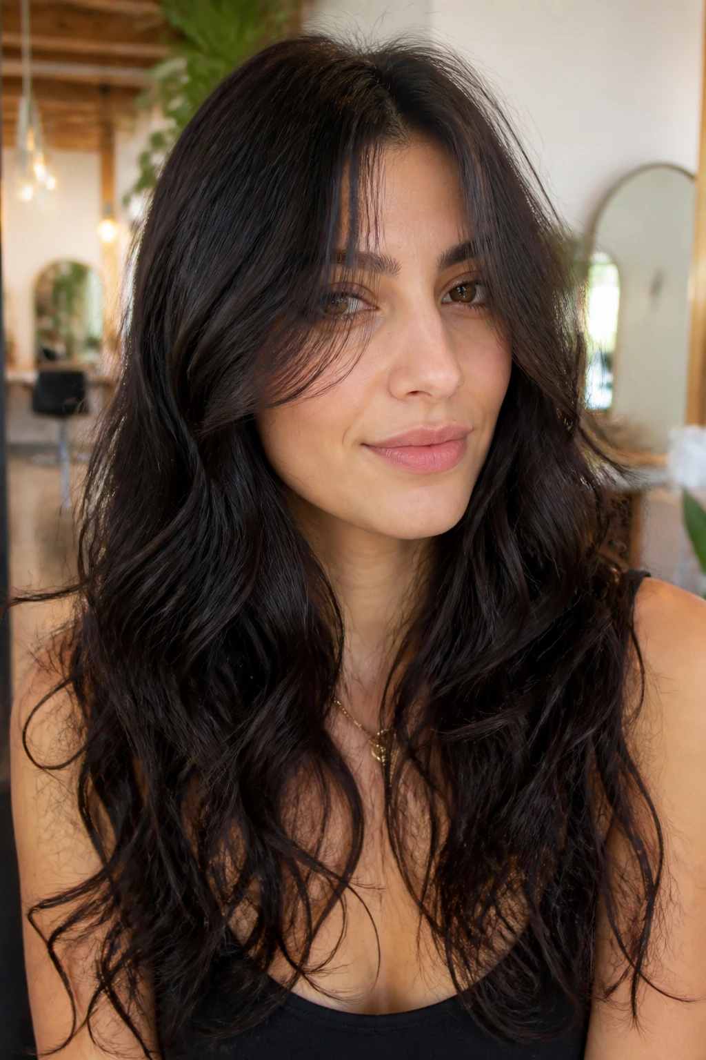 Close-up of a real woman with long dark curls and razor-softened face-framing pieces