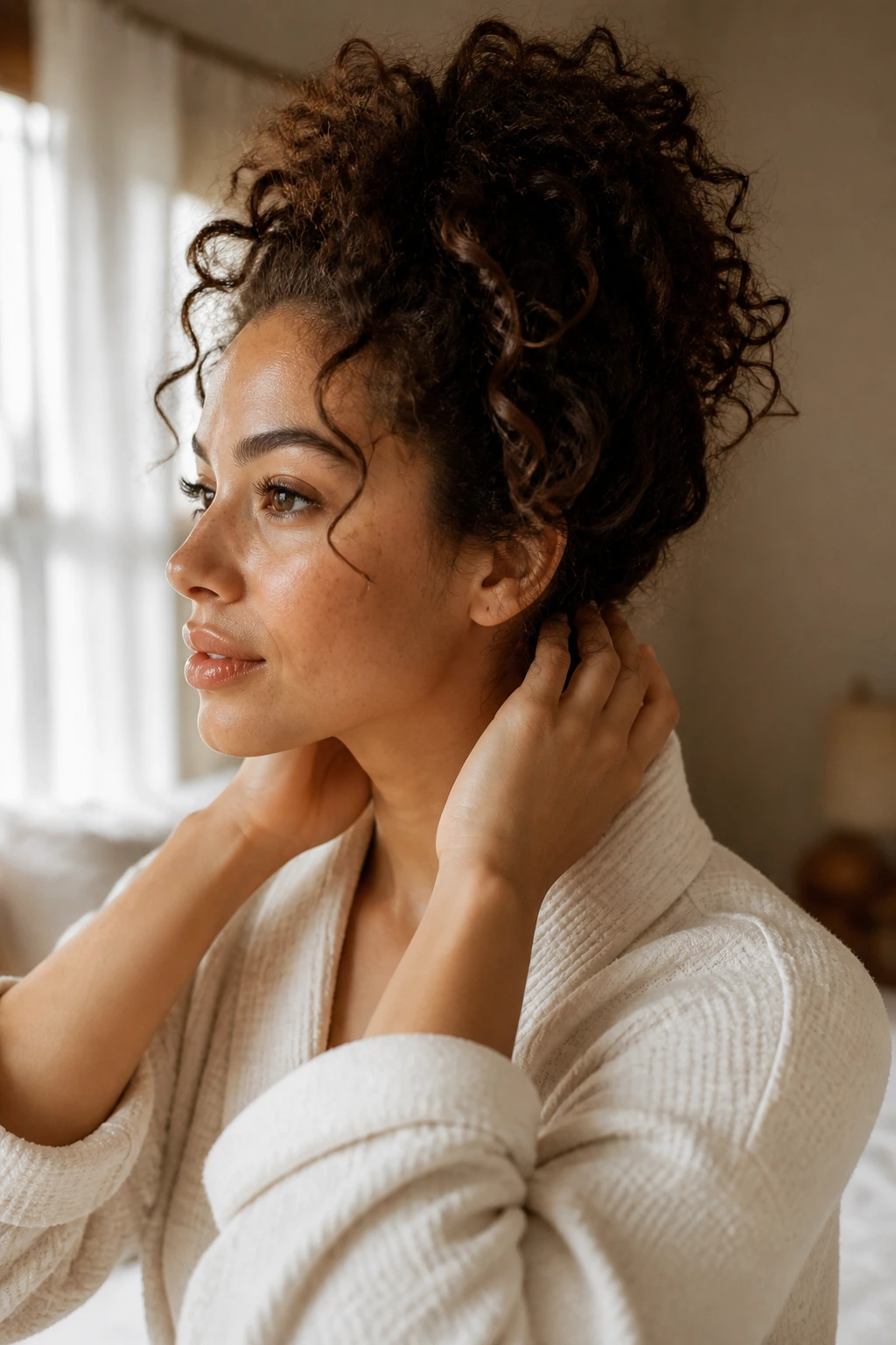 Close-up of a real woman's curly hair being refreshed at the nape with soft morning light