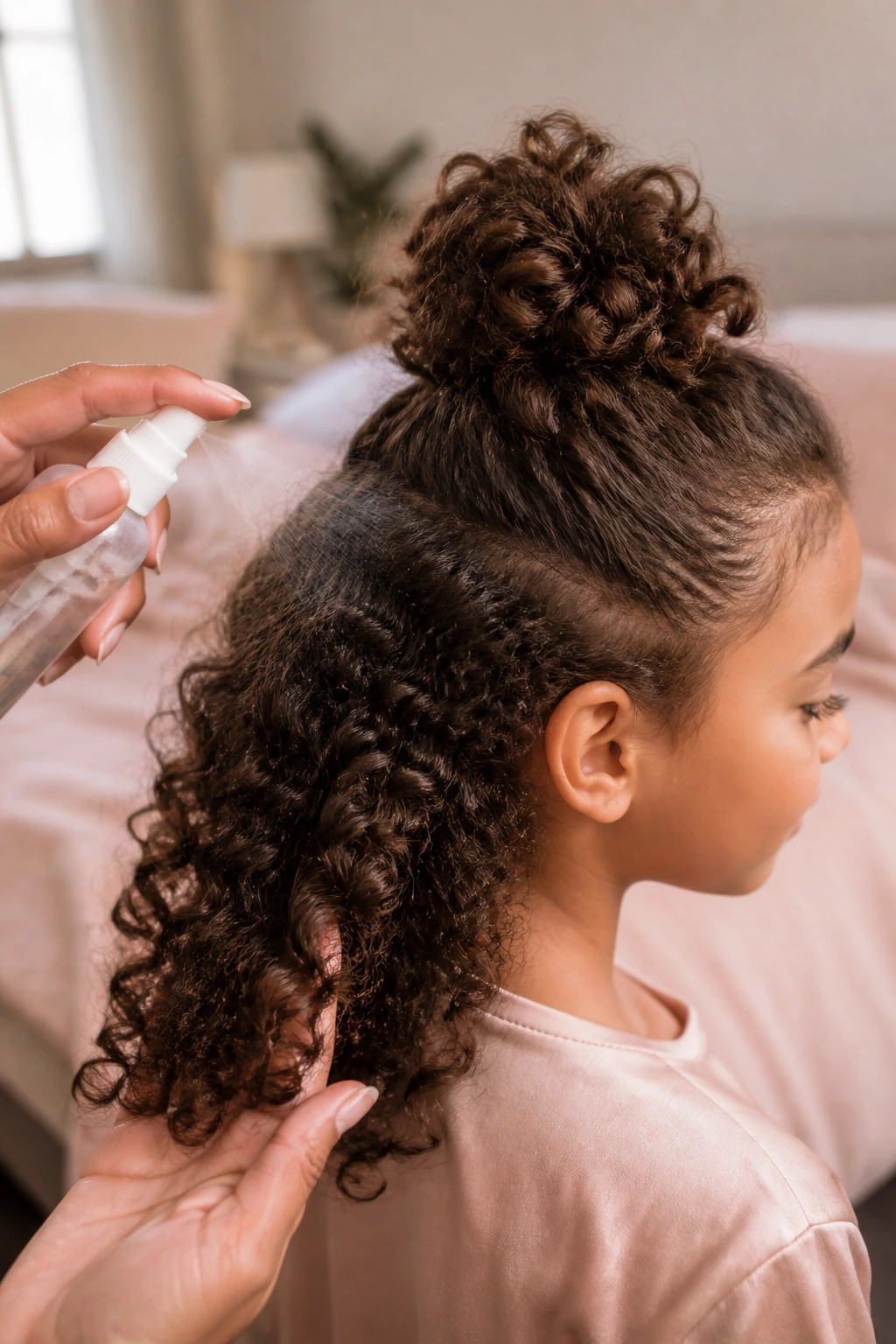 Hair refreshed in a loose half-up style with light mist in a sunlit room.
