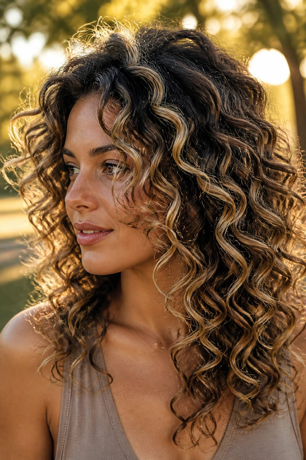 Close-up of a real woman with curly hair carved with ribbons around the face