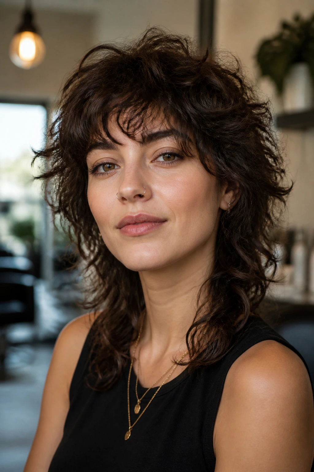 Close-up portrait of a real woman with curly rocker haircut showing balanced weight on curls for a heart-shaped face