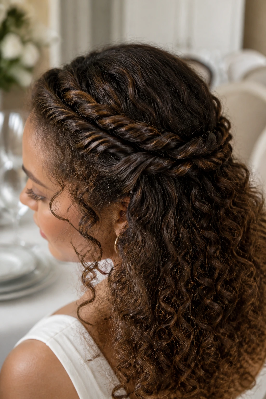Close-up of a real person with rope-twist crown detail and flowing curls