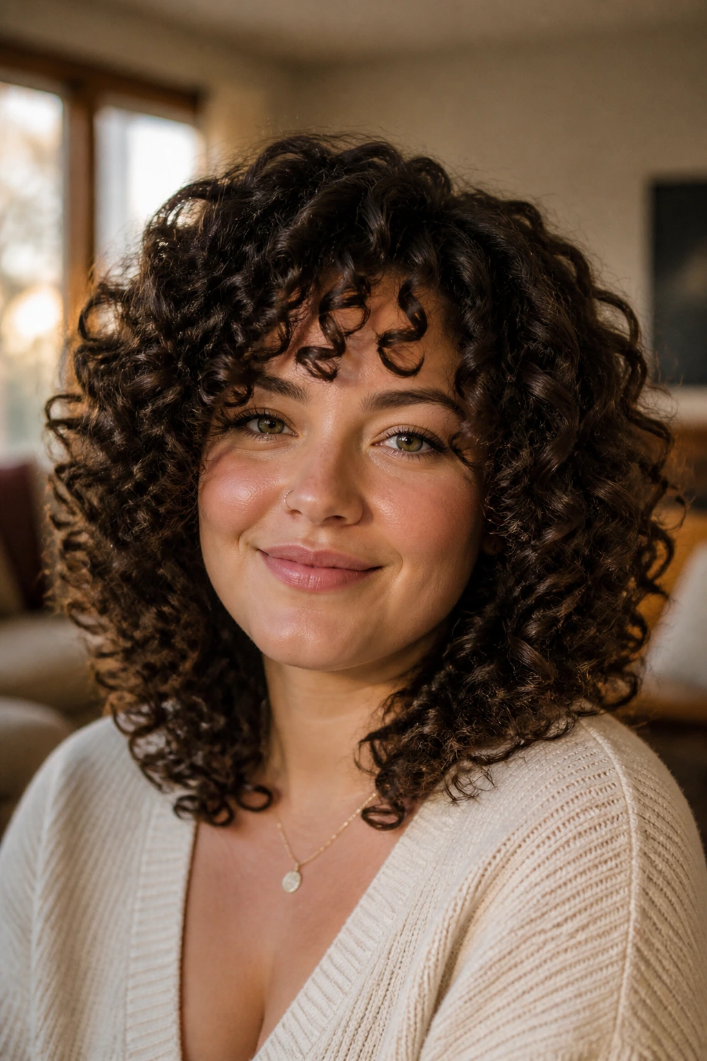 Close-up of a real woman with curly hair framing a round face