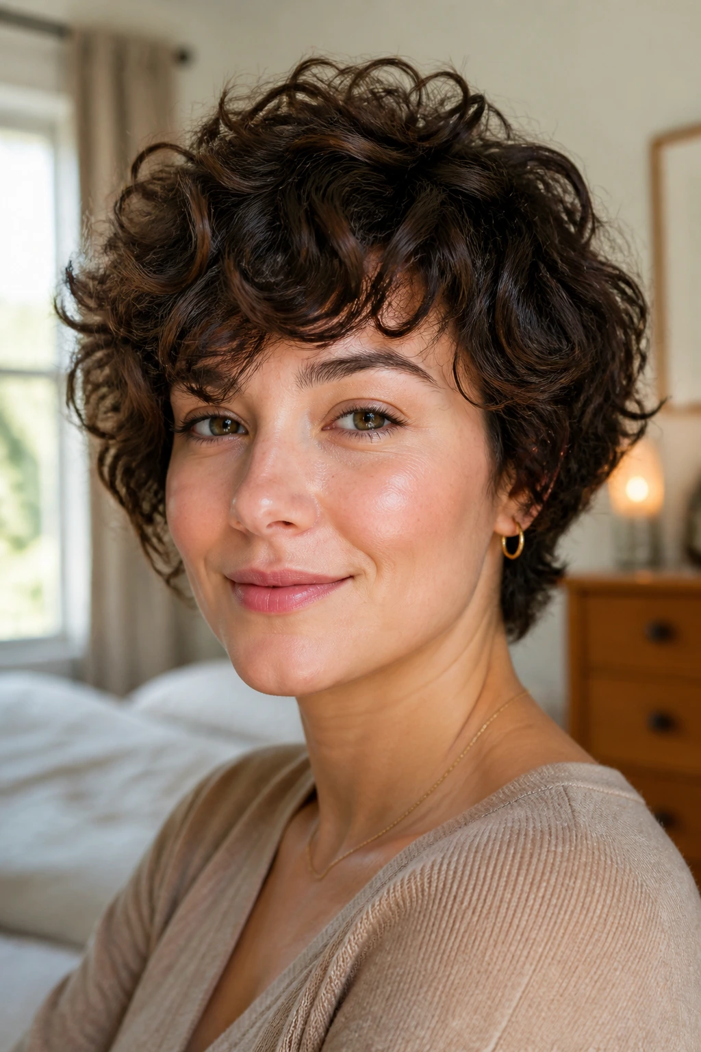 Close-up of a real woman with a short curly cut featuring lift at the crown on a round face