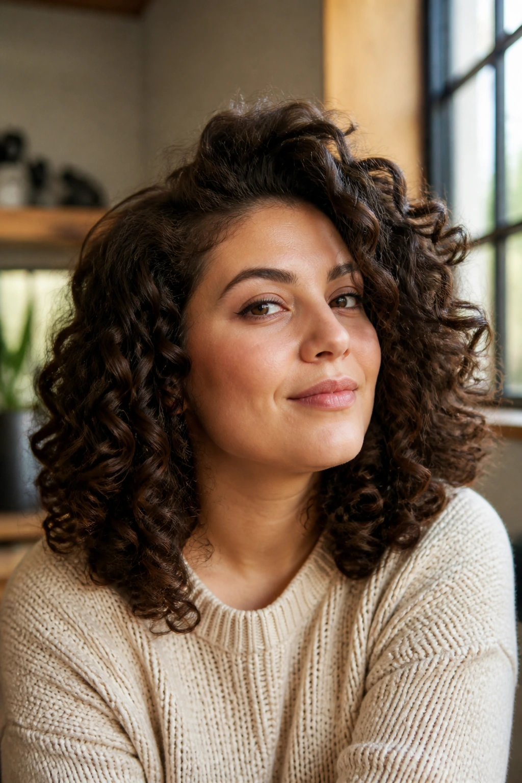 Portrait of a real woman with curly hair showing crown lift to balance a round face