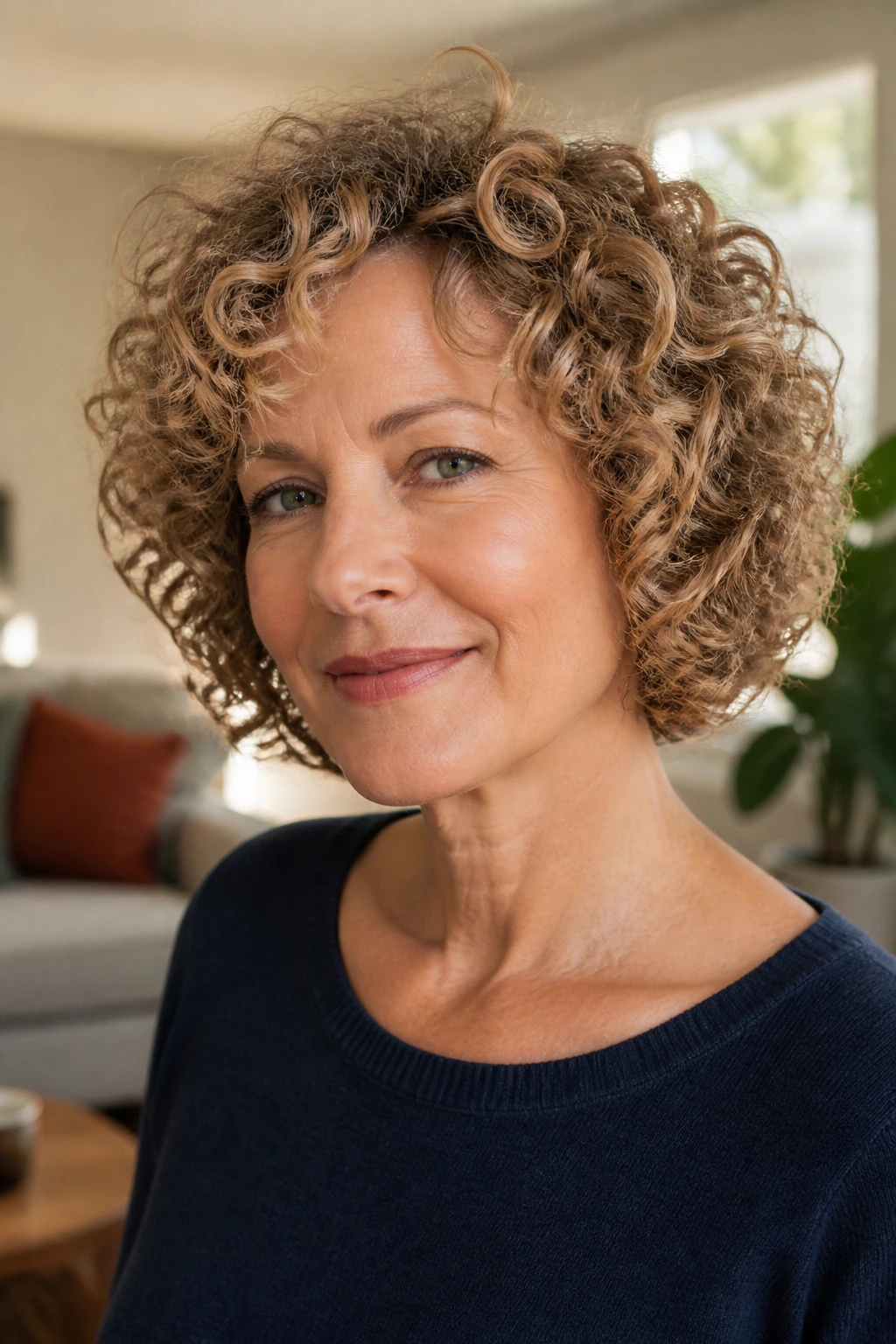 Close-up of a woman with a curly rounded crop hairstyle in a cozy living room