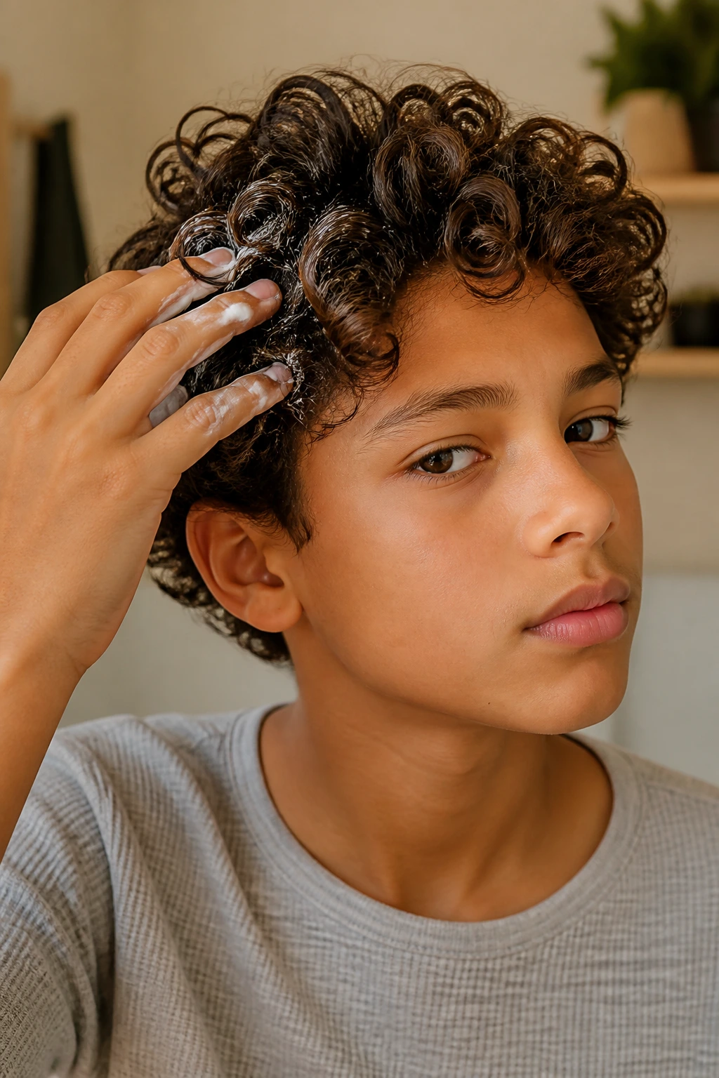 At-home close-up of preteen boy applying leave-in conditioner to curly hair for frizz control