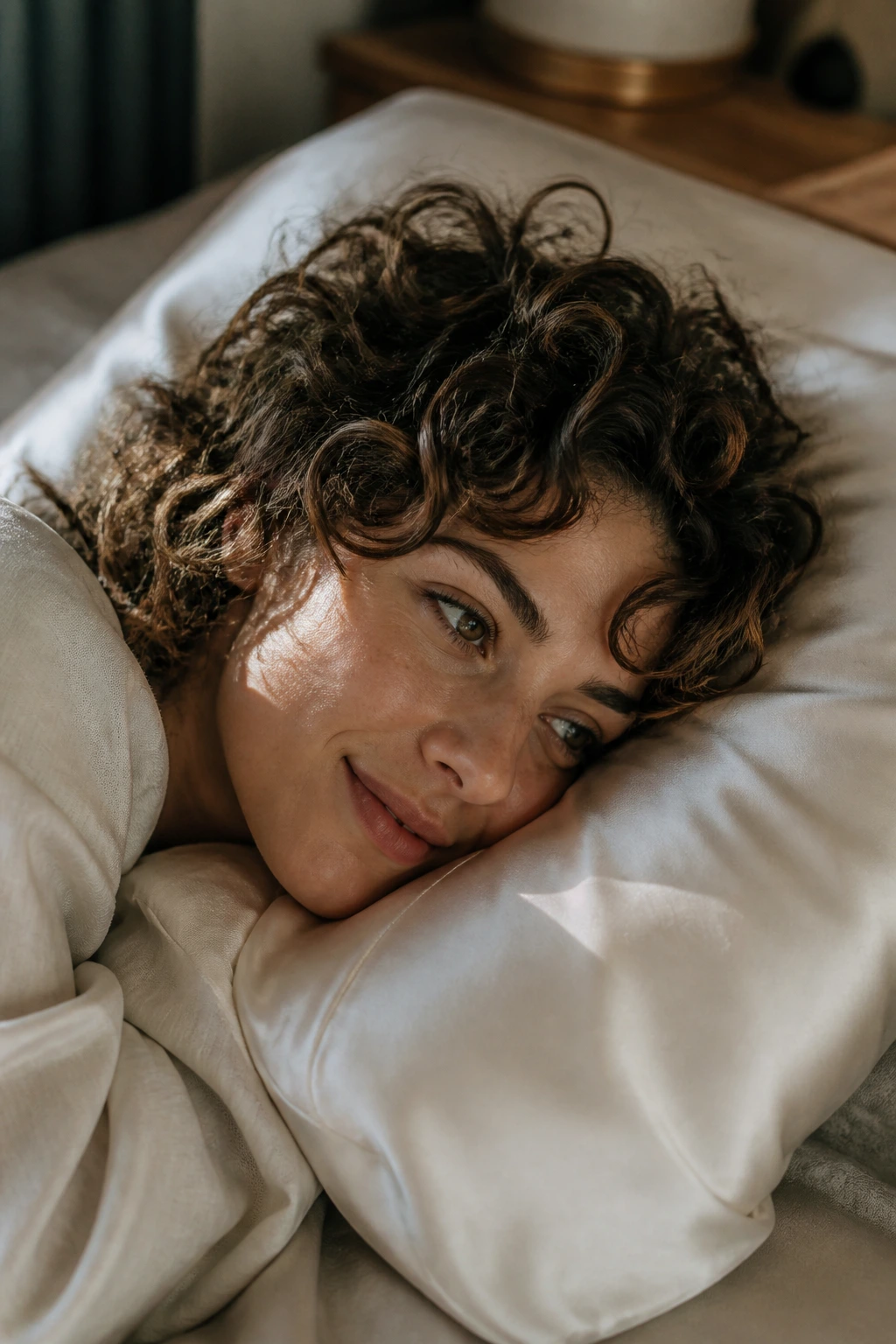 Close-up of curly hair on satin pillowcase preserving shape between trims.