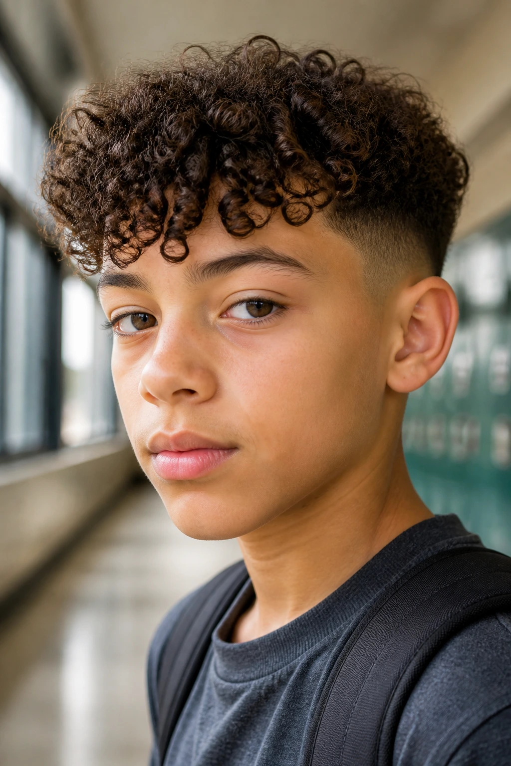 Preteen boy with a school-friendly curly haircut showing texture and fringe
