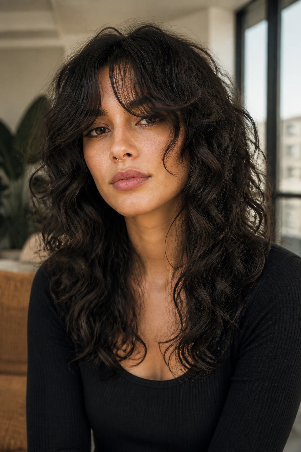 Real woman with curly shag and long curtain bangs in soft natural light