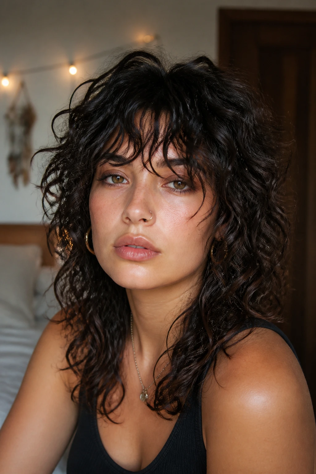 Close-up of a real woman with curly shag and shattered fringe under natural window light