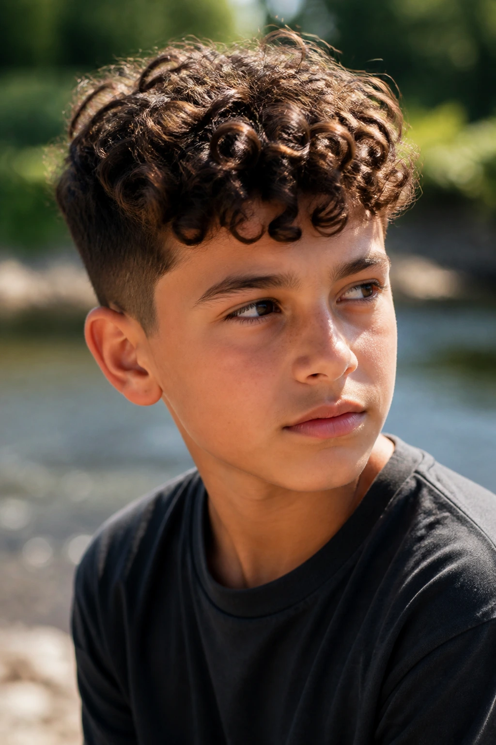 Portrait of preteen boy with defined curls and clean sides outdoors in daylight