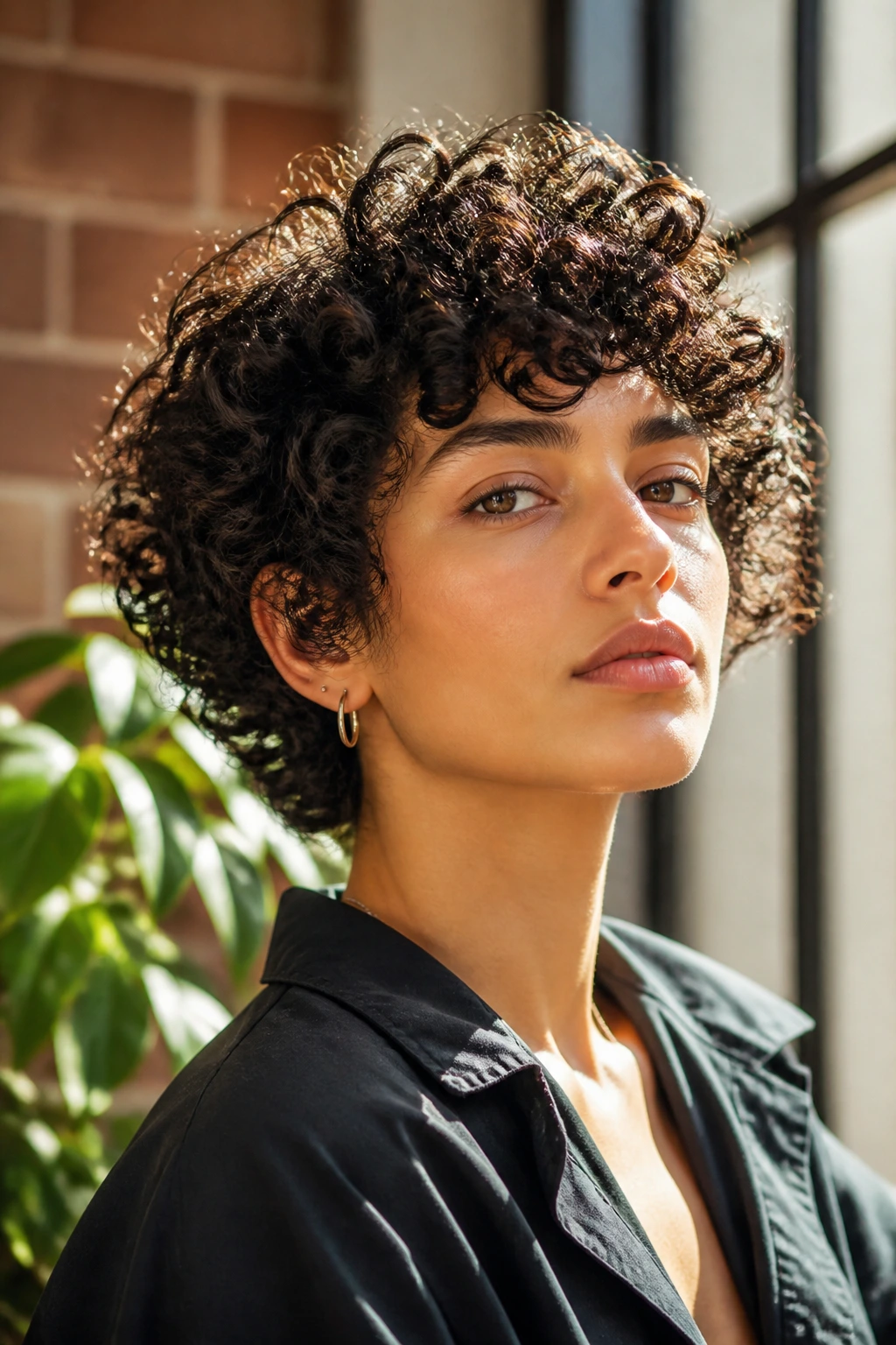 Close-up portrait highlighting curly hair shape on a real person