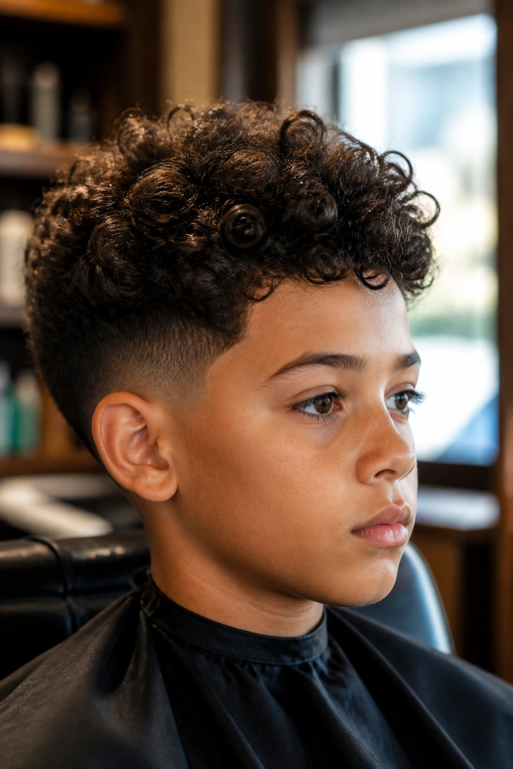 Boy with curly hair showing shape in barber chair