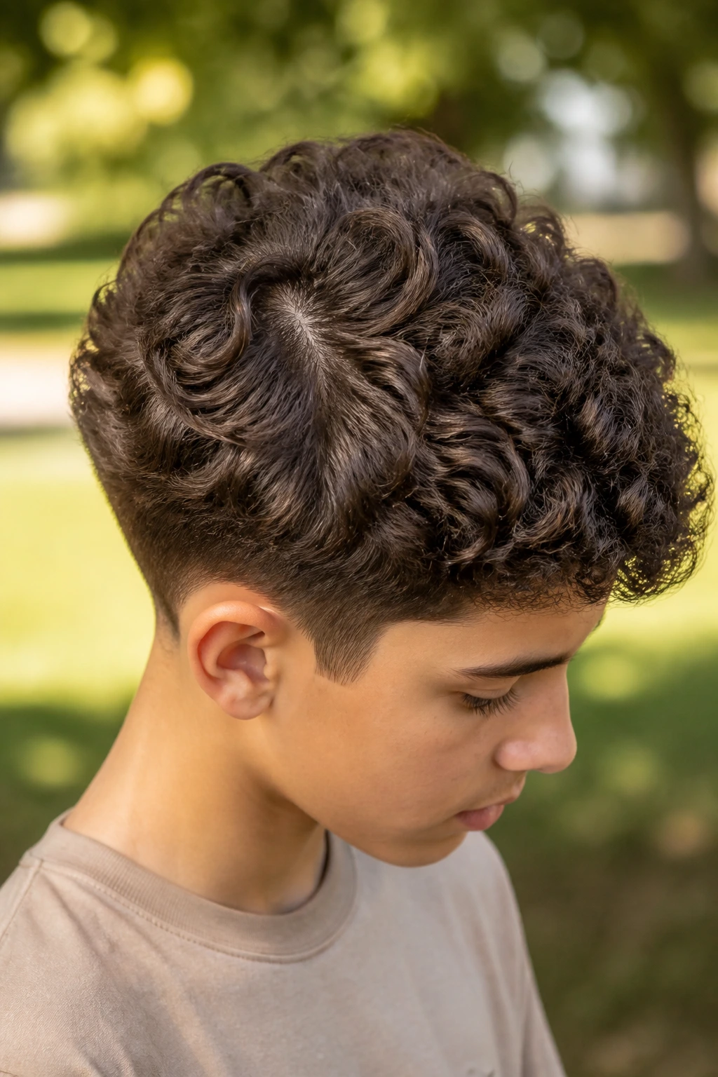 Medium close-up of a real boy showing crown swirl and curl shape in a park