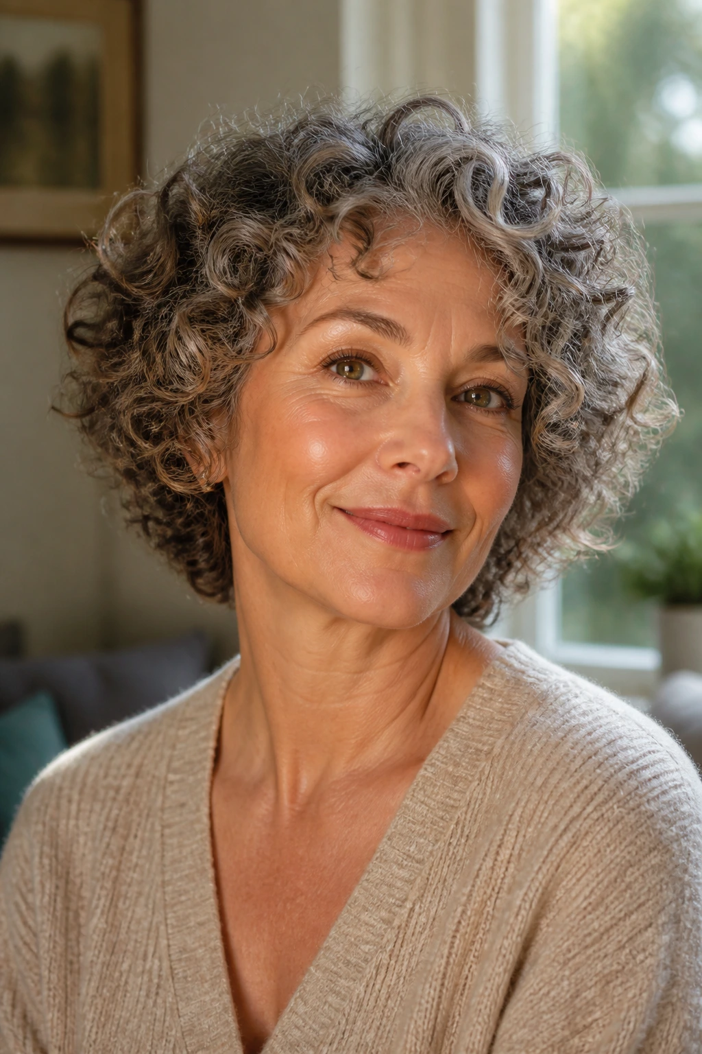 Close-up portrait of a real woman with a curly, low-fuss haircut following her natural curls