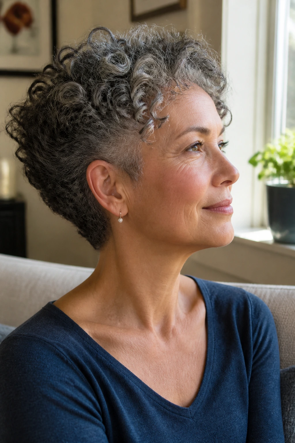 Portrait of a woman with curly hair showing crisp neckline and crown lift