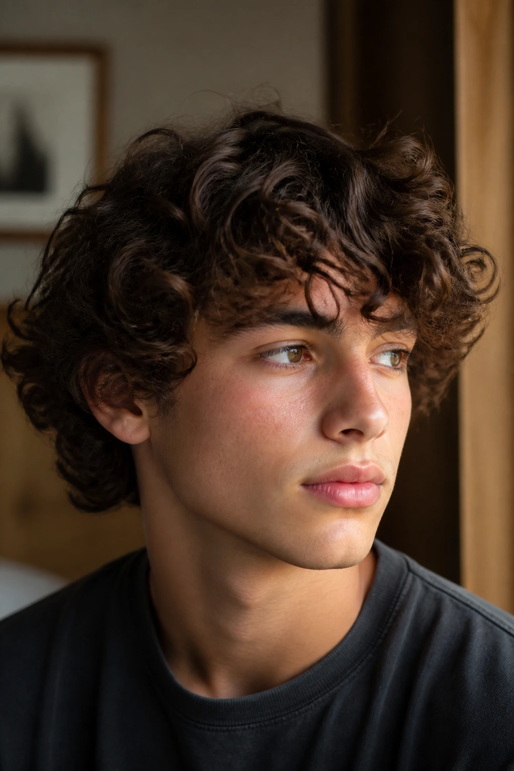 Portrait of a boy with curly hair cut to let curls move