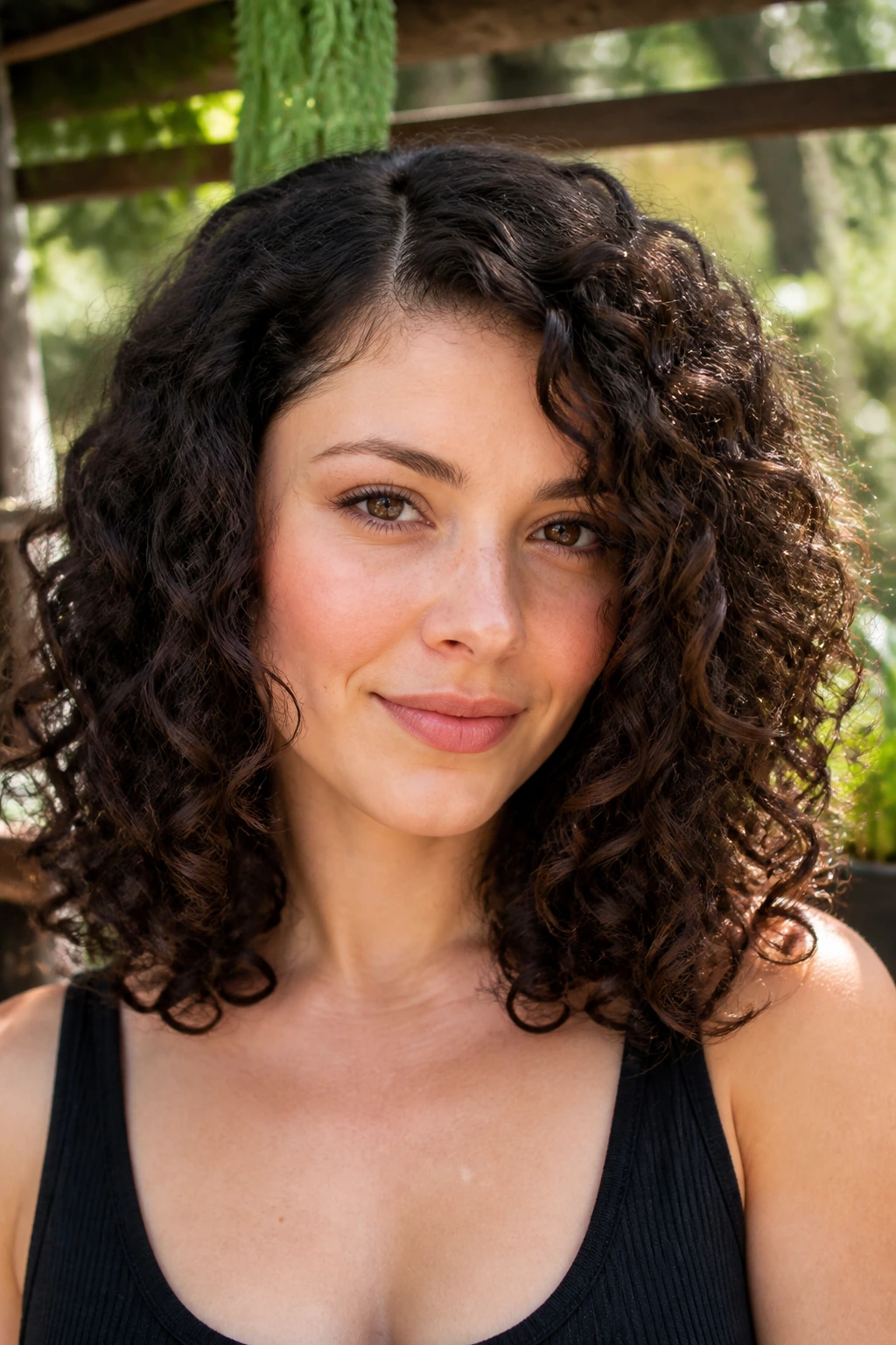 Close-up of a woman with shoulder-length curly hair and side halo part in a sunlit garden.