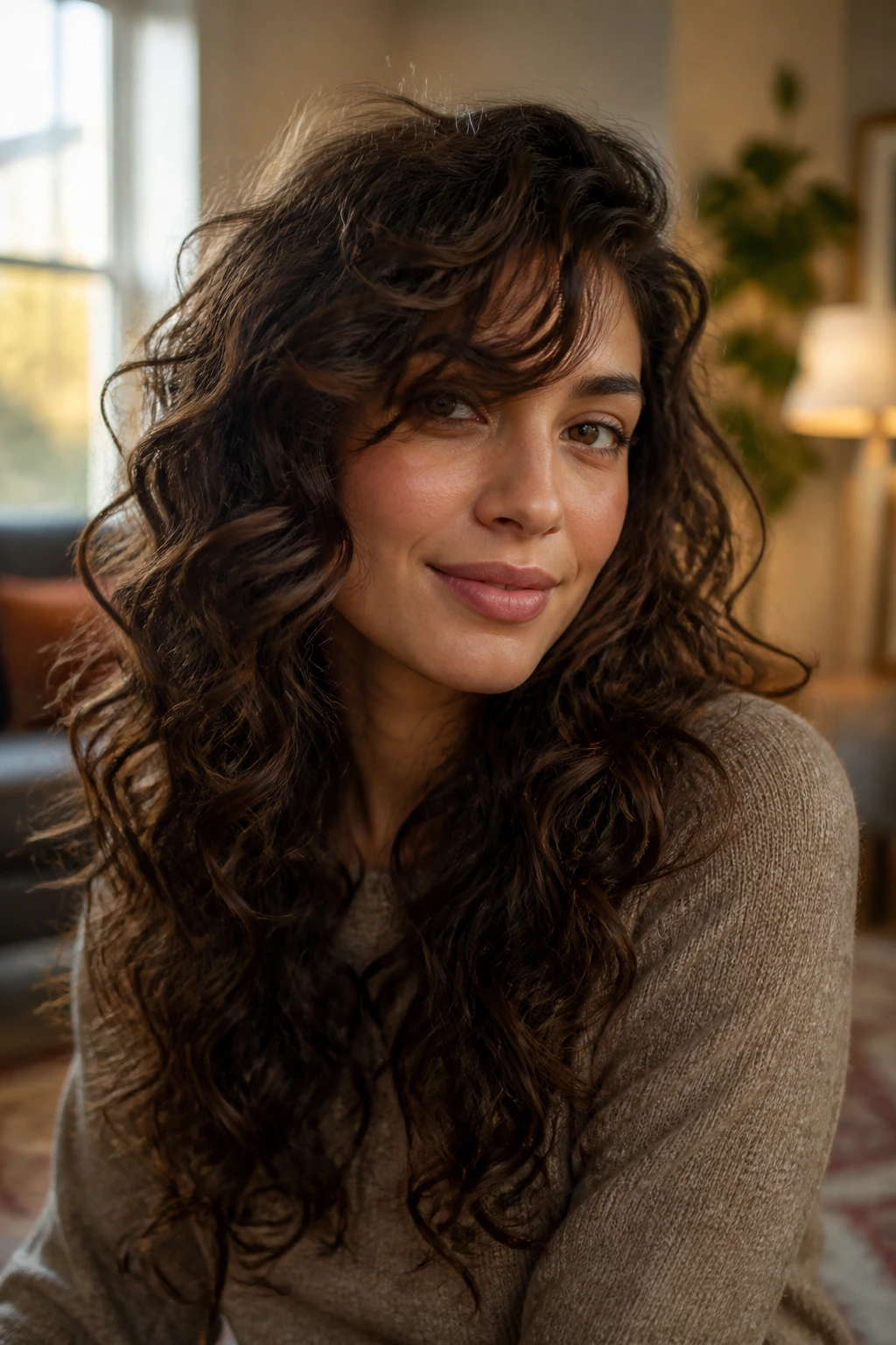 Close-up portrait of a real woman with curly hair and stretchy side bang under warm window light