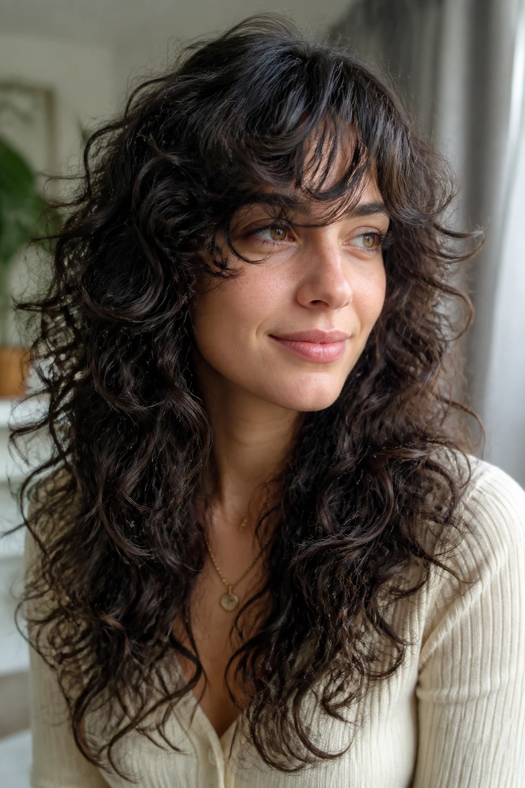 Close-up of a real woman with curly long layers and side-swept bangs in natural light