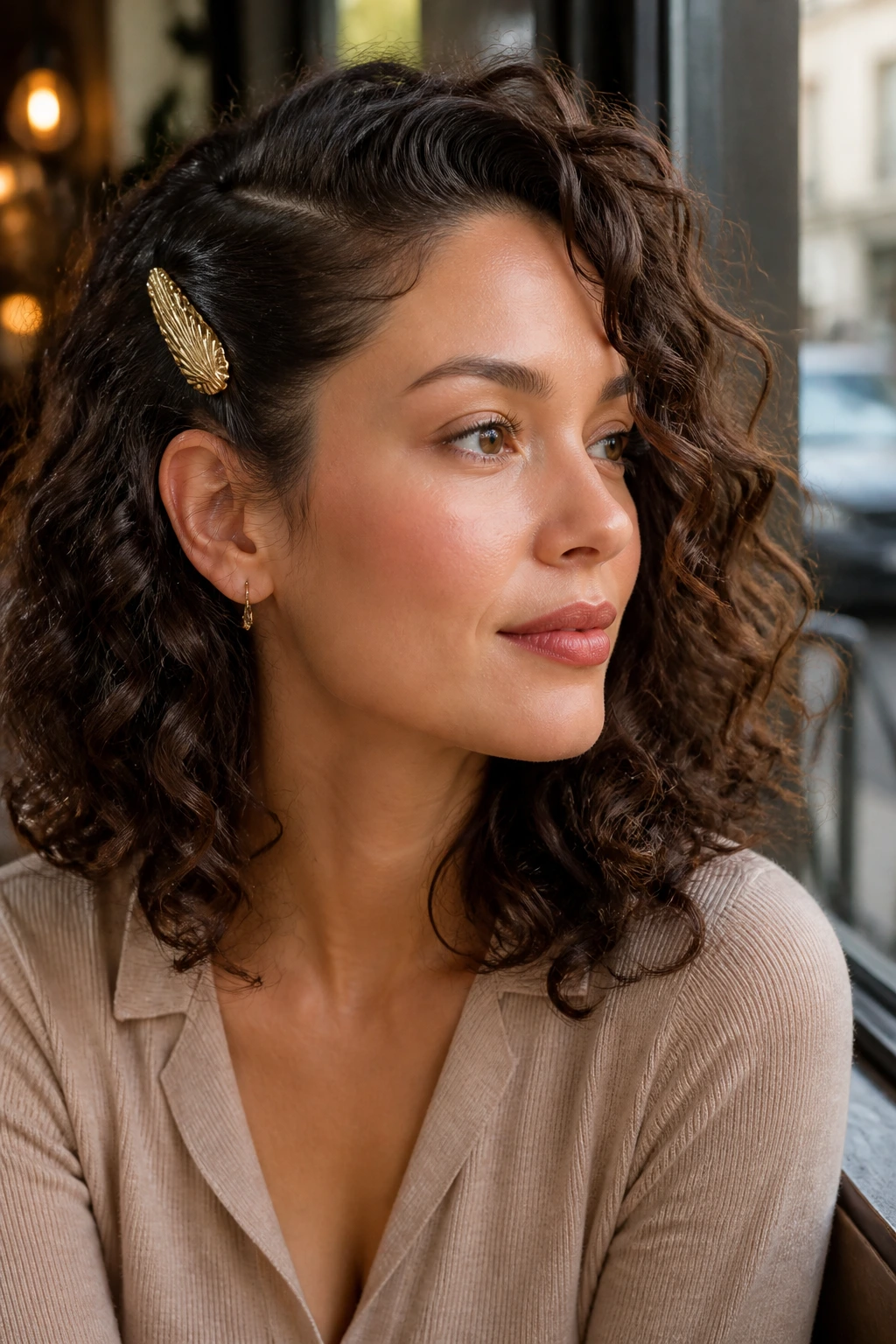 Close-up of a real woman with a side clip securing one side of curly hair and loose textured curls