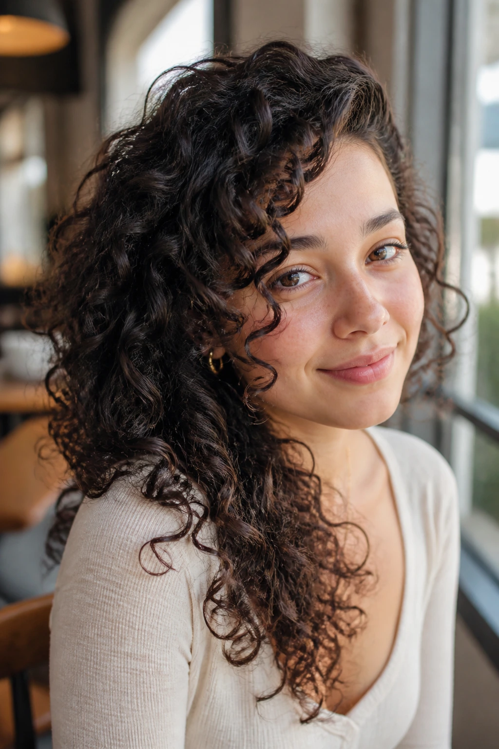 Close-up of a real woman with curly side-fall hairstyle and defined curls in daylight