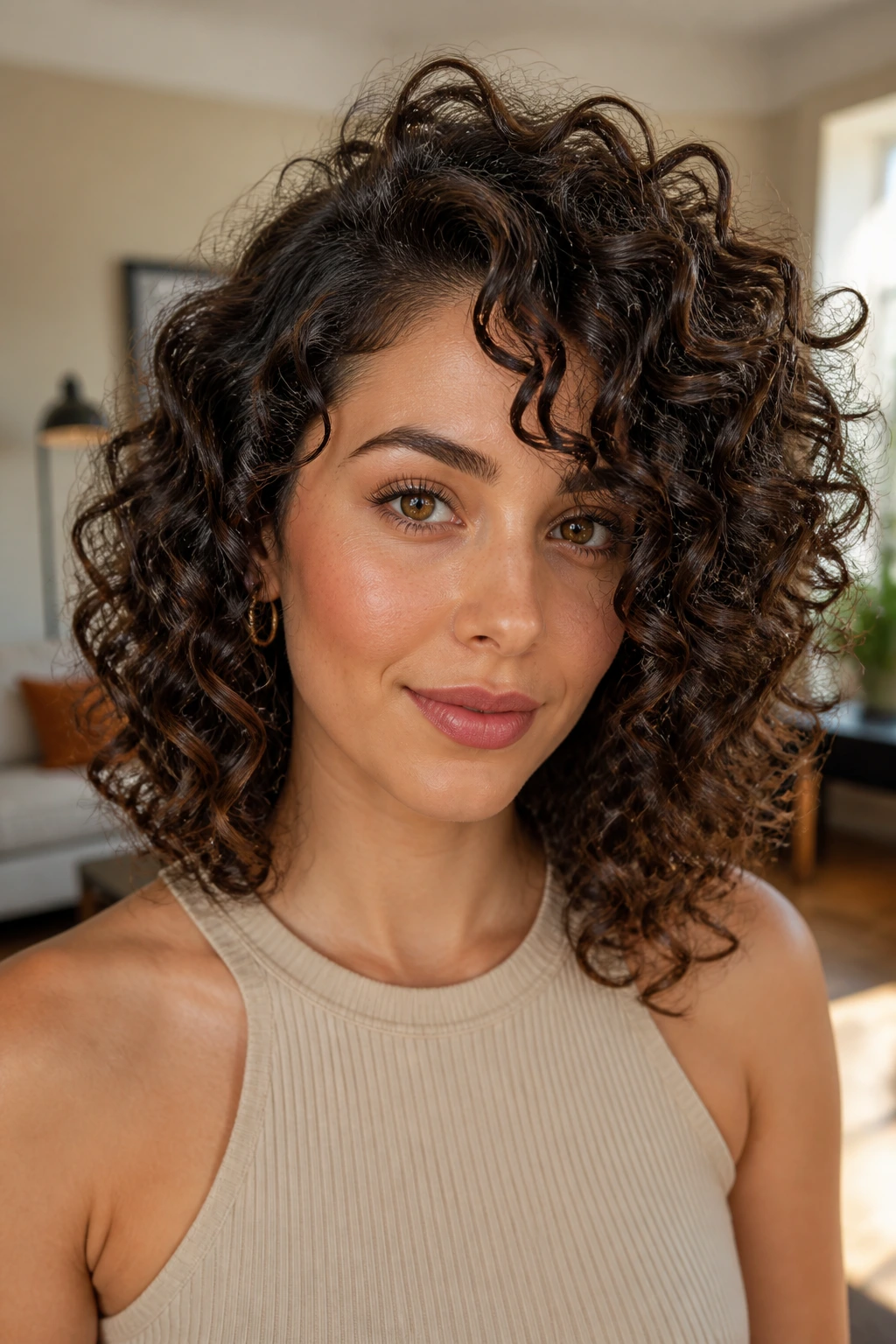 Close-up of a real woman with shoulder-length curly hair styled in side-swept layers.