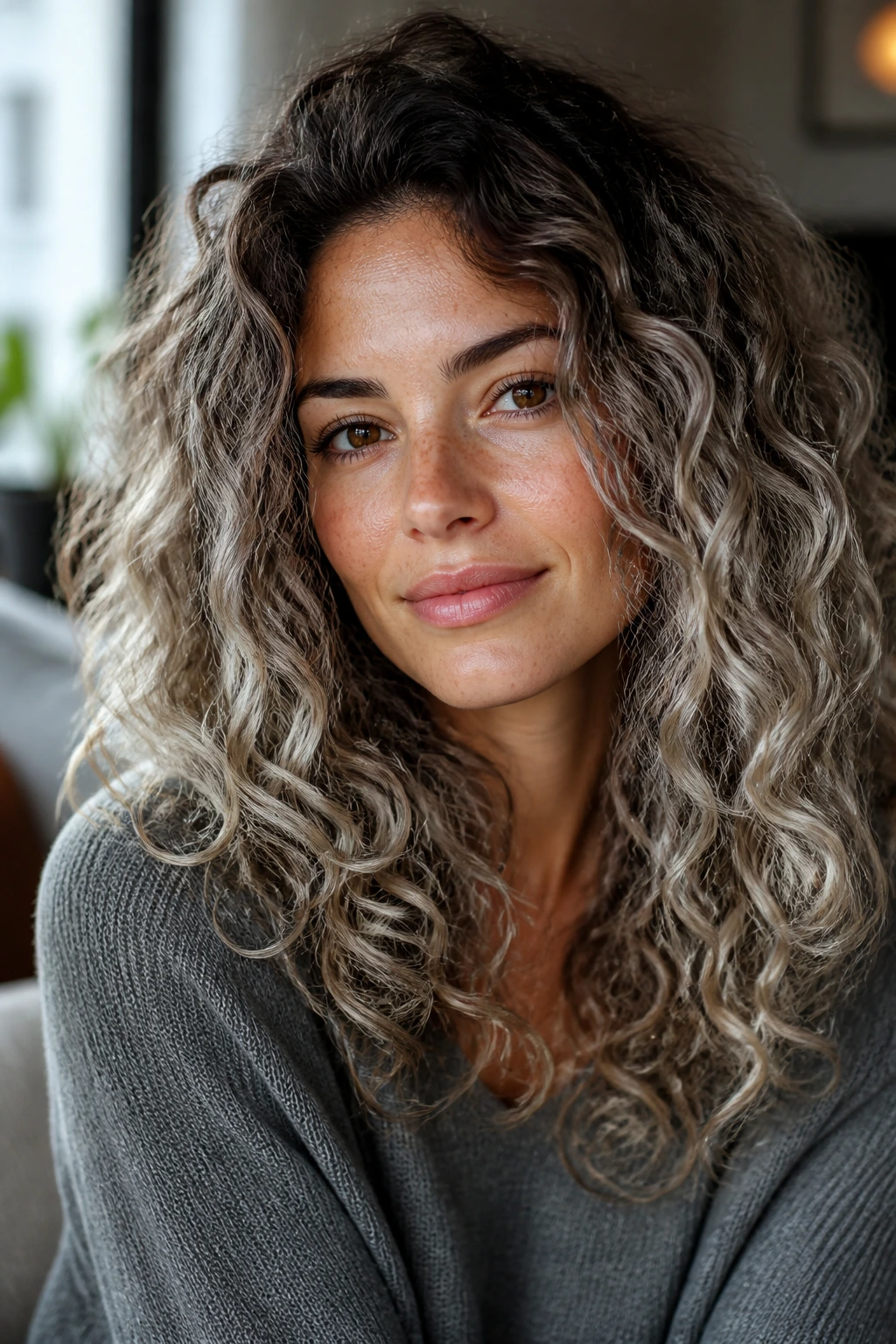 Close-up of a real woman with curly brunette hair featuring cool-toned silver-blonde dimension in natural window light
