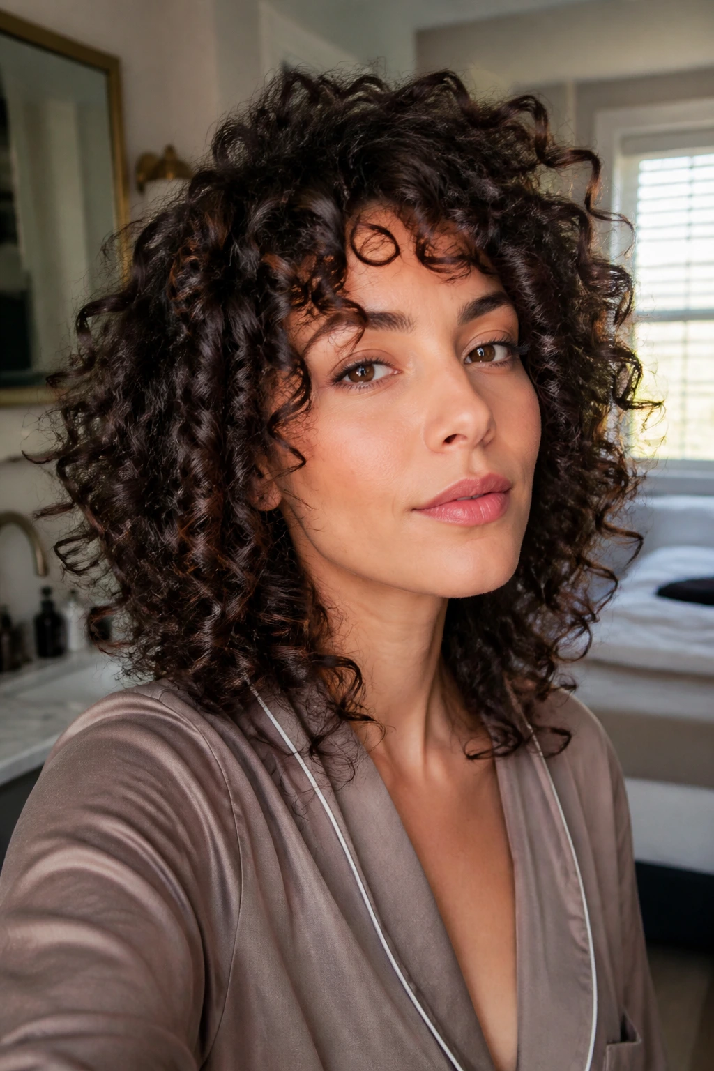 Close-up of a real woman with a curly haircut featuring cheekbone framing in soft morning light